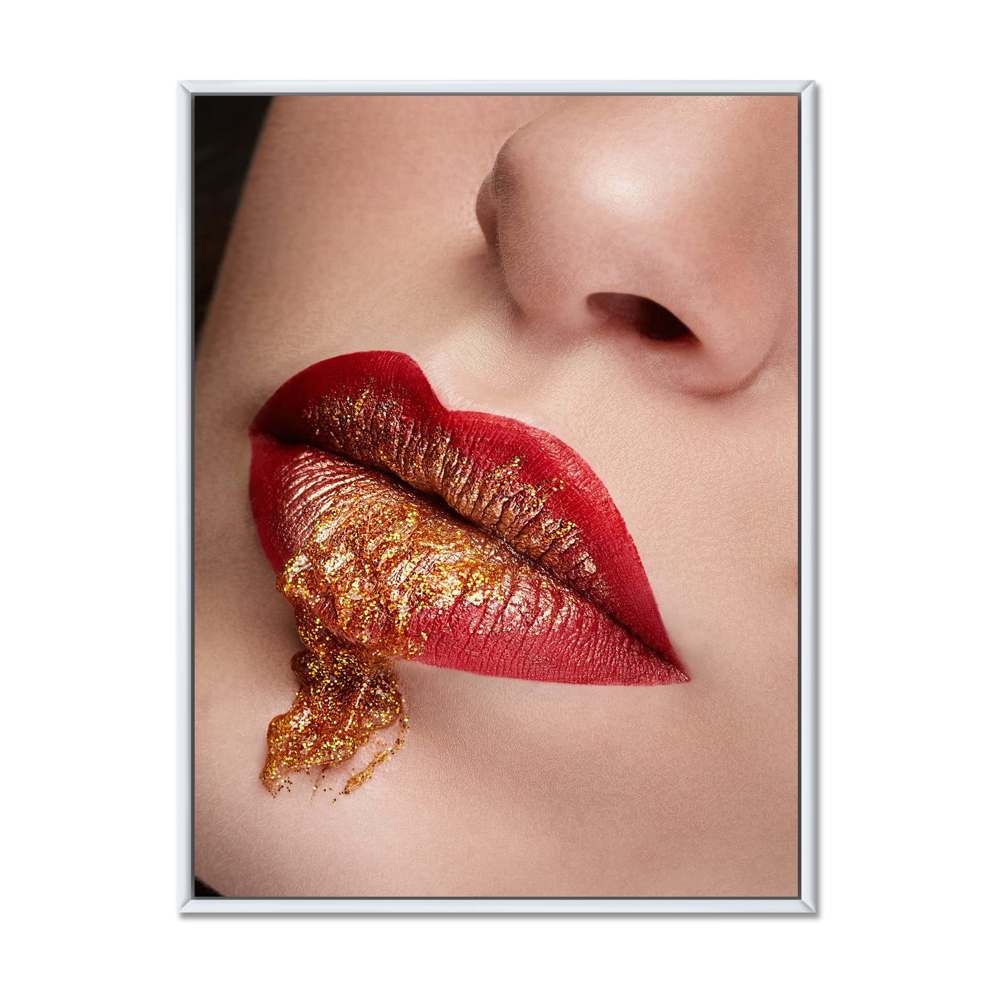 Red and Gold Lips Makeup Modern Framed Canvas Wall Art Print - Perfect for Living Room, Bedroom & Office Decor