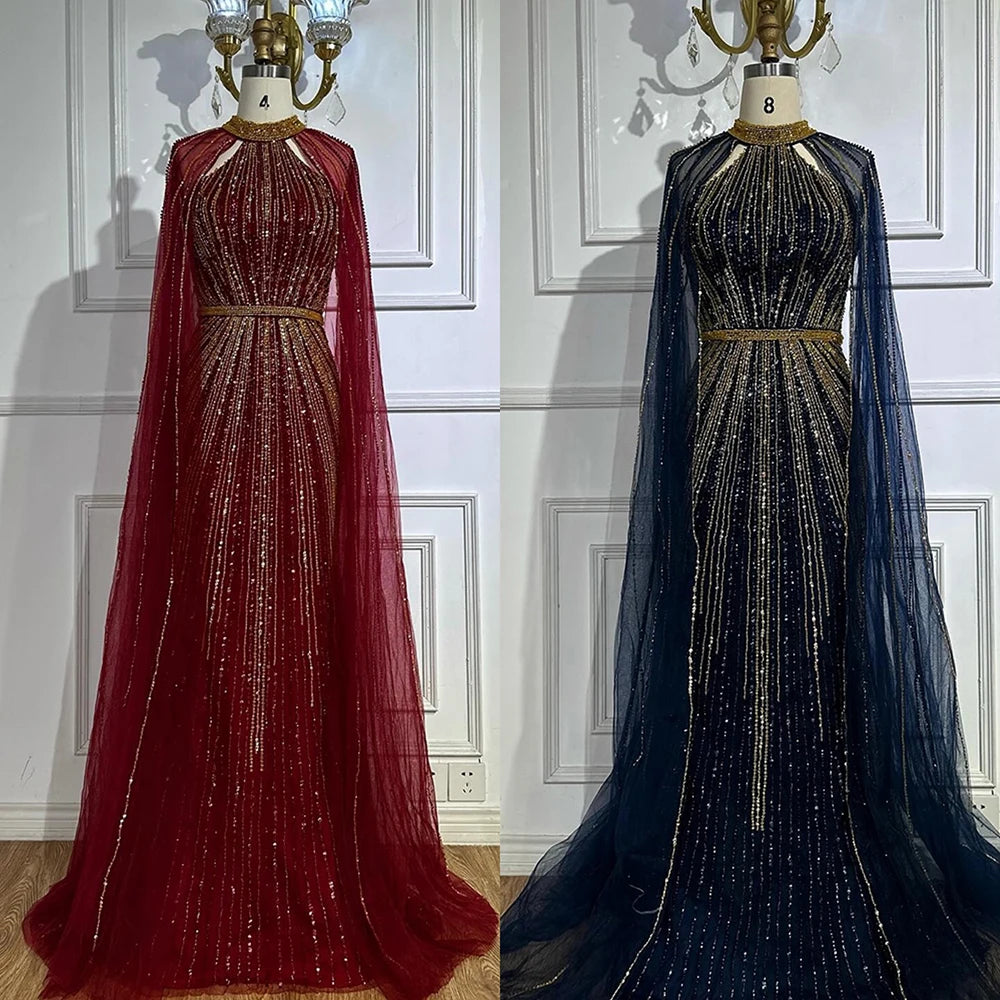 Luxury Dubai Wine Red Beaded Mermaid Evening Gown with Cape - Formal Saudi Arabian Dress for Weddings, Galas & Special Occasions | LA72707A