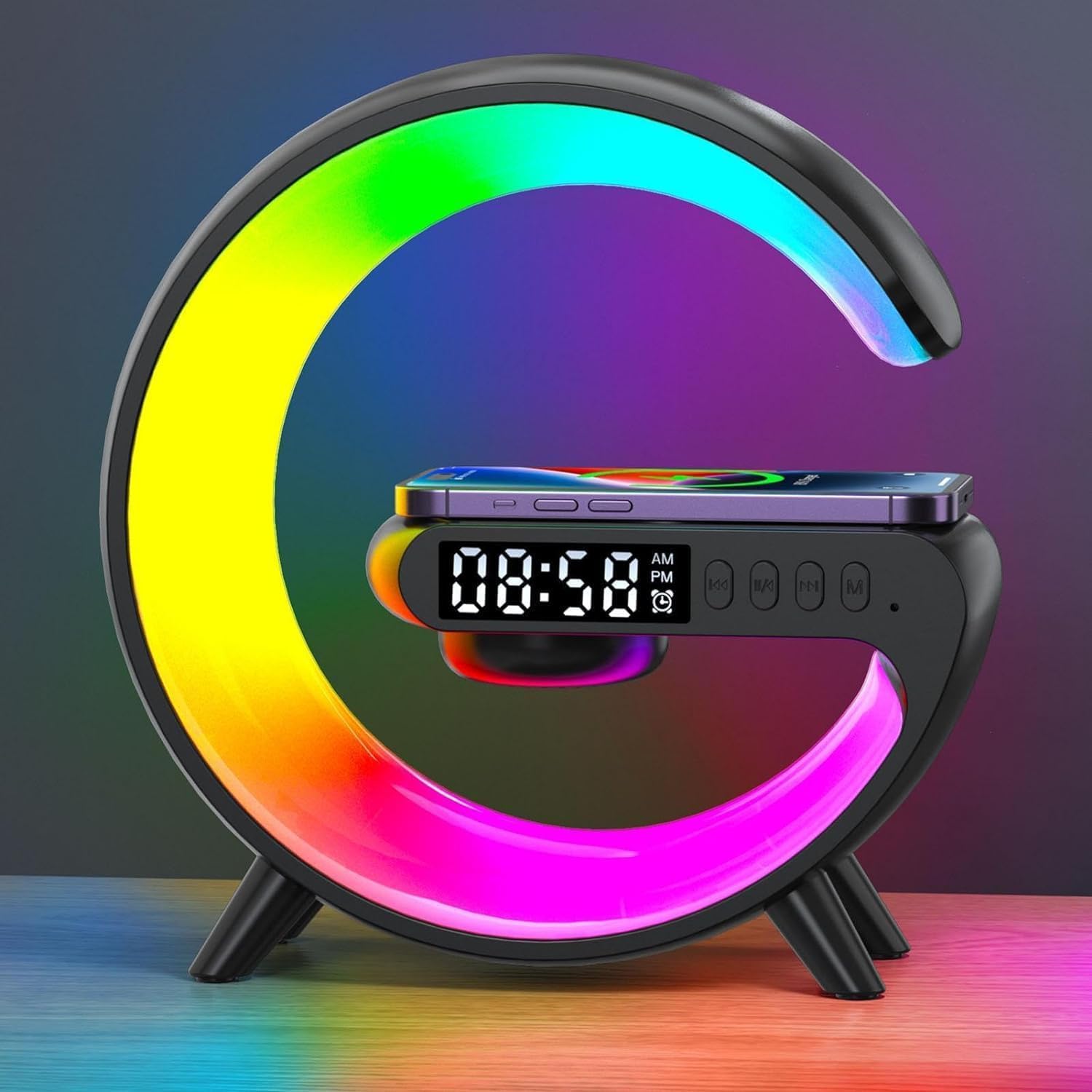 2024 Multifunctional Wireless Charger Lamp with Bluetooth Speaker & Alarm Clock - App Controlled Night Light for Bedroom, Living Room, Home & Office (Black) | Perfect for Nightstands, Desks & Gift Giving