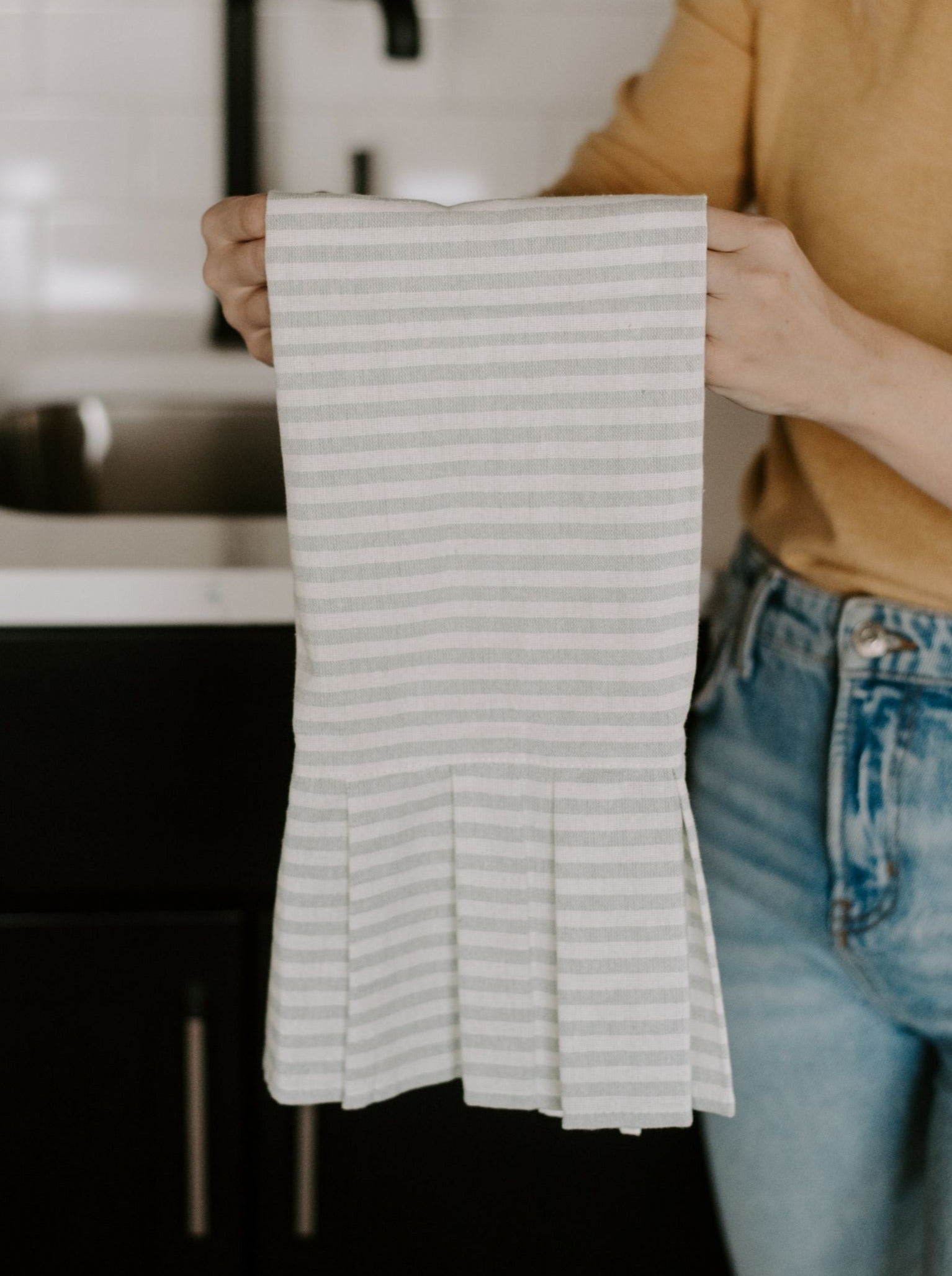 Premium Grey Striped Tea Towel with Decorative Ruffle - Soft & Absorbent Kitchen Towel for Drying Dishes, Cleaning Countertops & Stylish Home Decor