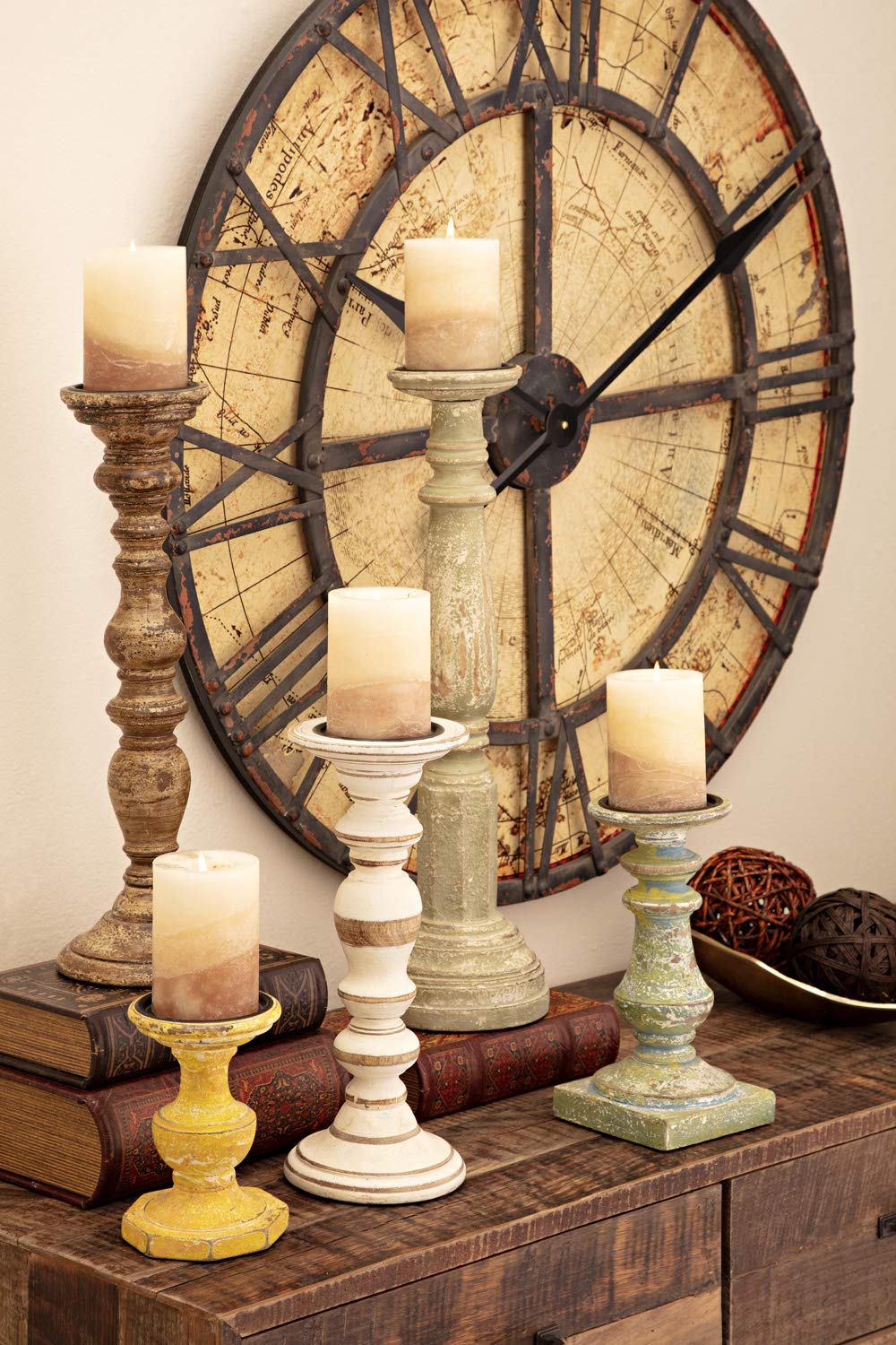 IMAX 5544-5 Set of 5 Mango Wood & Iron Distressed Candle Holders - 3 Inch Pillar Candle Stands - Rustic Home Decor for Dining Table, Wedding Centerpiece & Farmhouse Decor