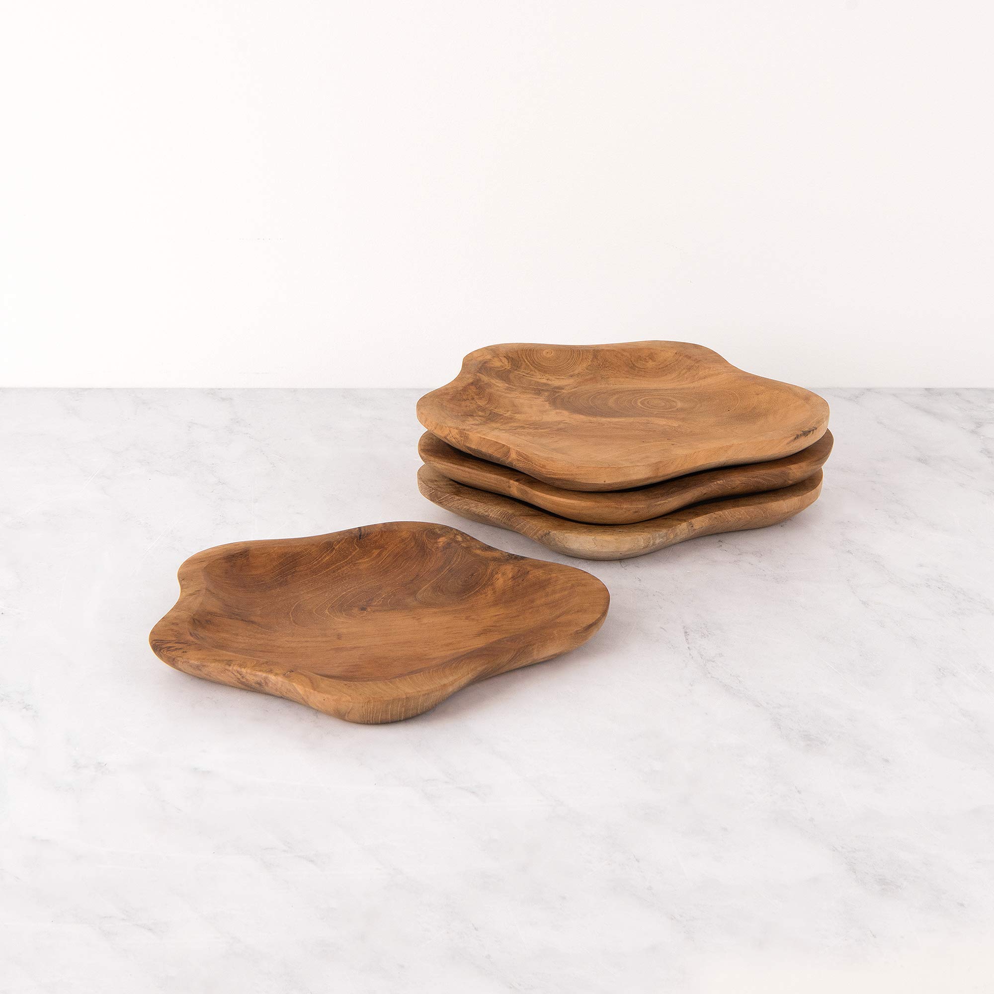 Premium Teak Wood Scallop-Edge Plate Set - Medium (4-Piece) - Elegant Dining & Home Decor for Parties, Weddings, and Everyday Use