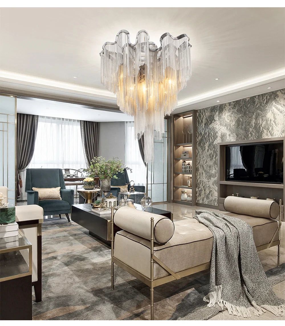 Elegant Aluminum Fringed Chandelier - Timeless Modern Lighting Fixture for Dining Room, Bedroom & Living Room Decor