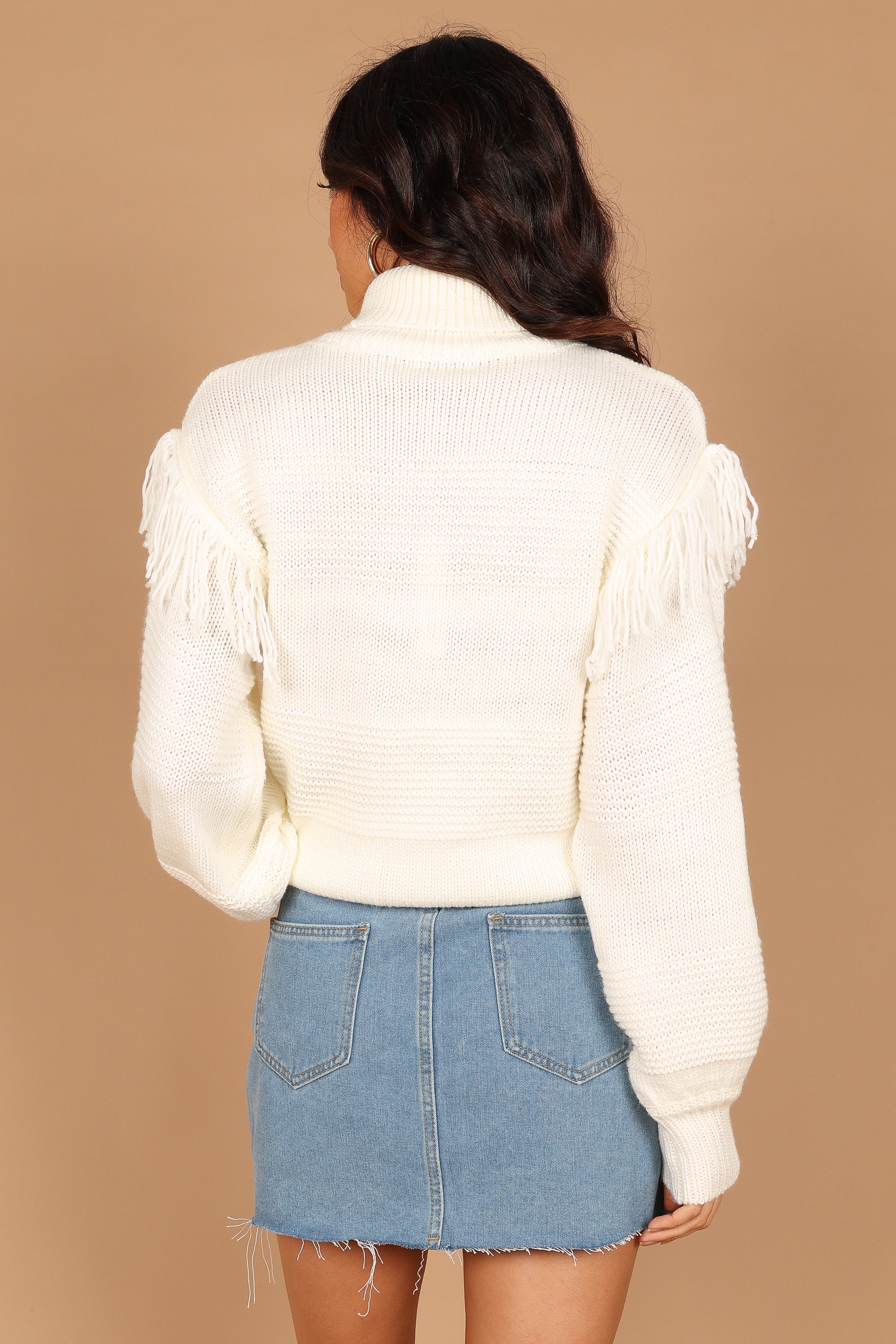 Christie Fringe Knit Sweater Women's Cream Cardigan - Cozy Winter Pullover for Casual Outfits & Office Wear