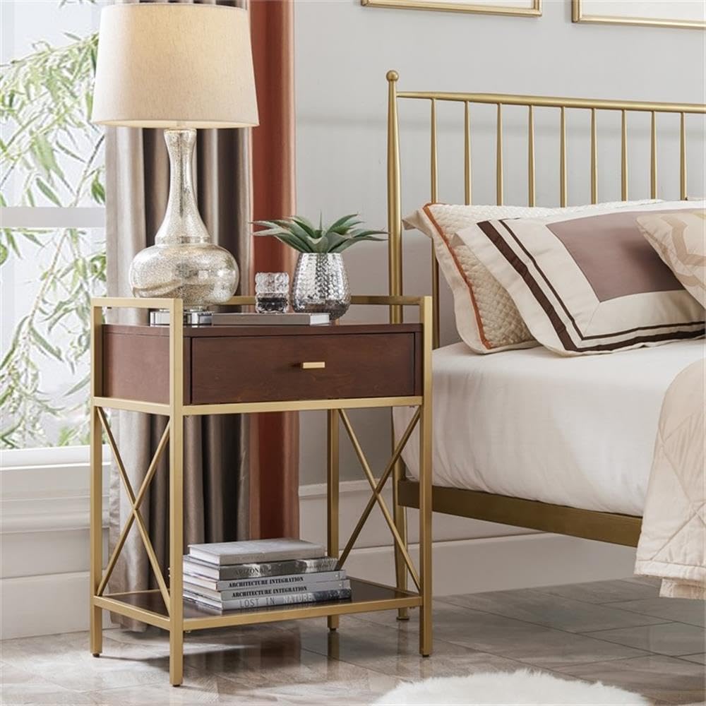 Claudette Modern Nightstand with USB-C Fast Charging - Solid Wood & Metal Bedside Table in Walnut Brown & Gold - Compact Side Table for Bedroom, Living Room, Office - Leick Home 9069-WA - Perfect for Charging Devices & Stylish Home Decor