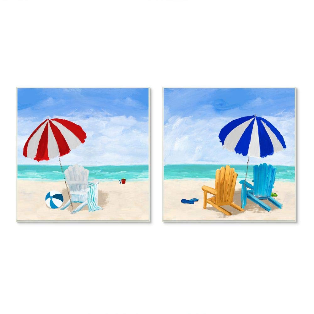 Stupell Industries 2-Piece Beach Chairs at Shore Summer Nautical Wall Art Set - 12x12 Inches, Multicolor - Perfect for Coastal Home Decor, Beach House Living Room & Vacation Rental Wall Decor