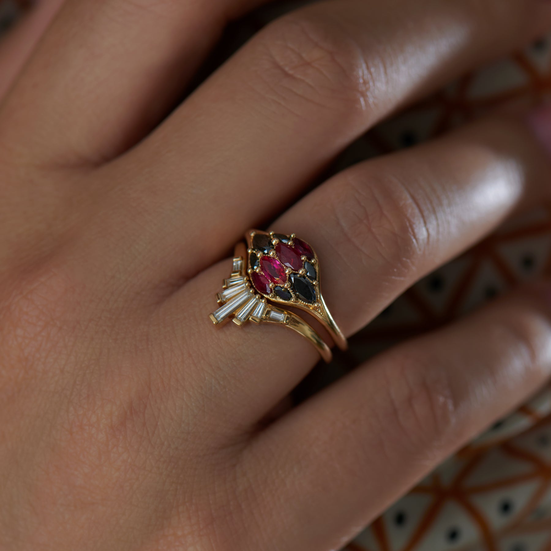 Exquisite Marquise Ruby & Black Diamond Dome Ring for Women | Vintage Inspired Jewelry | Perfect for Engagement, Anniversary & Special Occasions