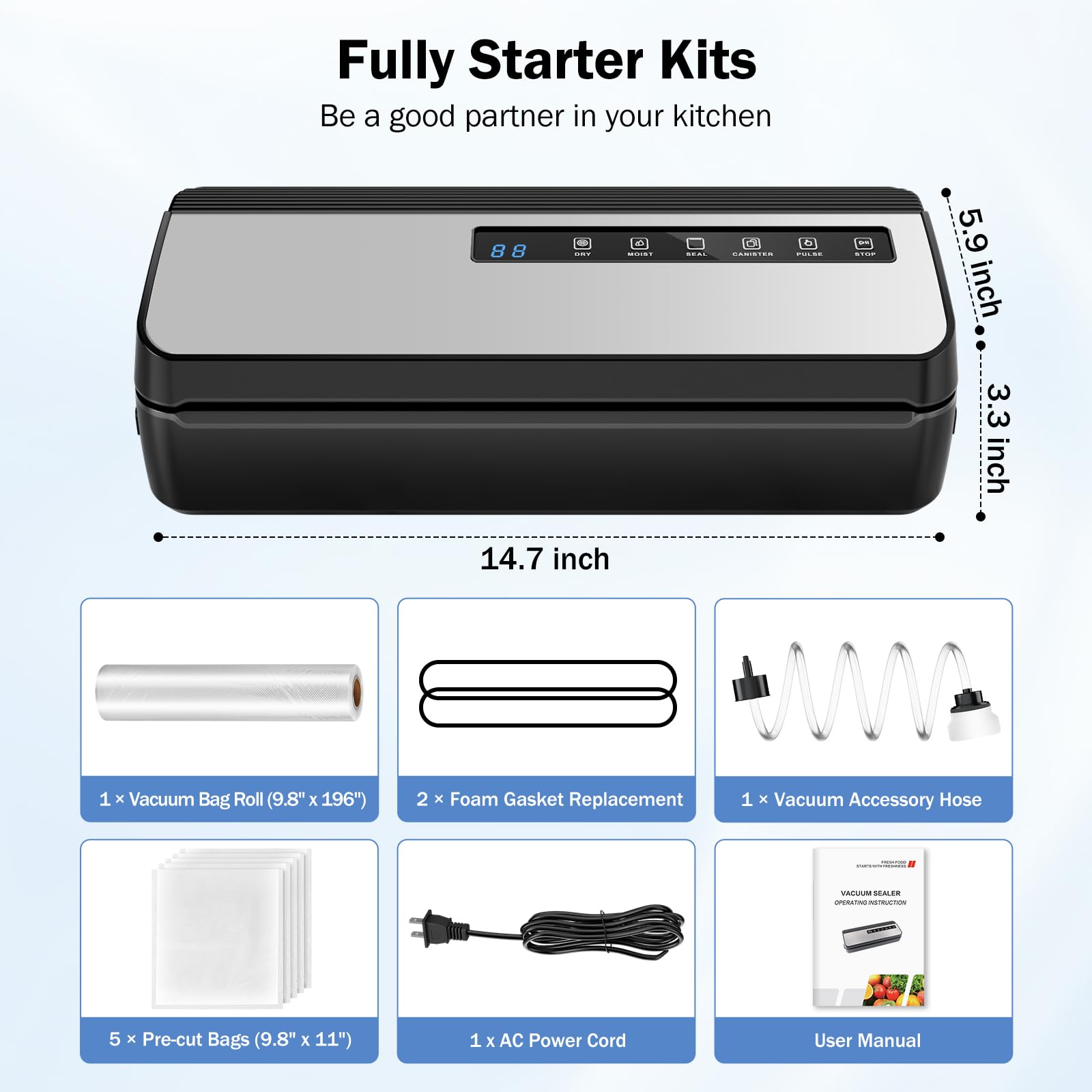 Premium Vacuum Sealer Machine - 80Kpa Powerful Compact Food Saver with Dry & Moist Modes, Includes 5 Bags & 1 Roll - Perfect for Meal Prep, Sous Vide, and Long-Term Food Storage (Silver)