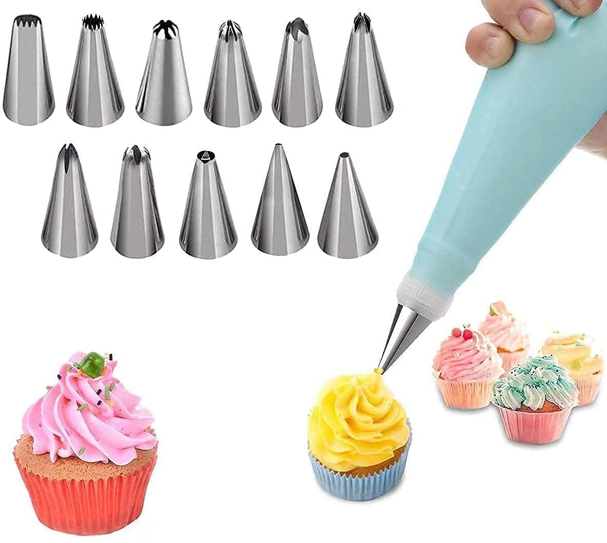Premium Cake Decorating Icing Bag Set with 12 Stainless Steel Nozzles - Reusable & Washable Piping Bags Kit for Baking, Cupcake Frosting, Cookie Decorating - Perfect for Birthday Cakes, Wedding Desserts & DIY Pastry Arts