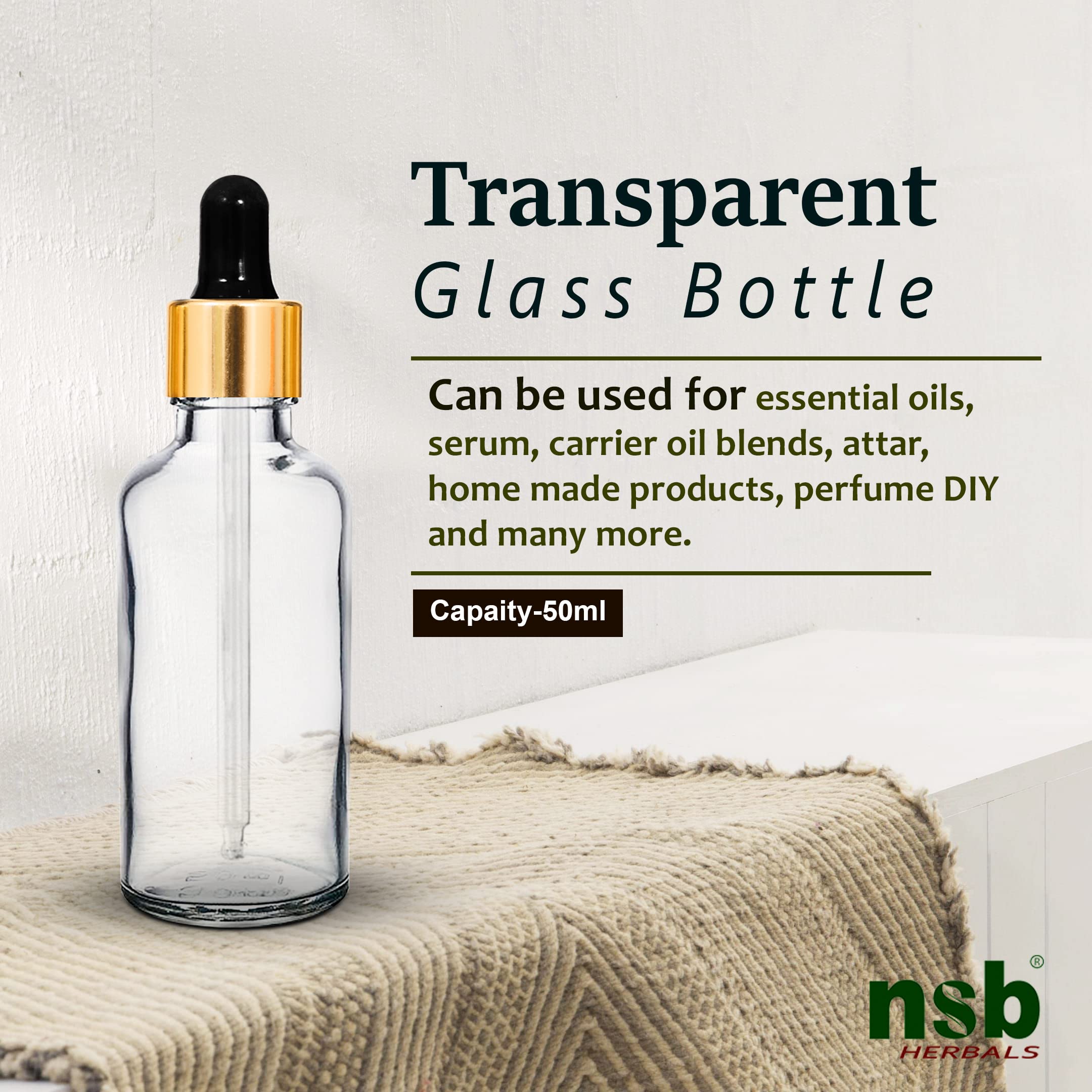 NSB Herbals 50ml Clear Round Empty Glass Bottle with Glass Dropper, Golden Ring & Black Silicone Teat - Refillable for Essential Oils, Perfumes, DIY Beauty (Pack of 3) | Perfect for Aromatherapy, Travel & Home Use