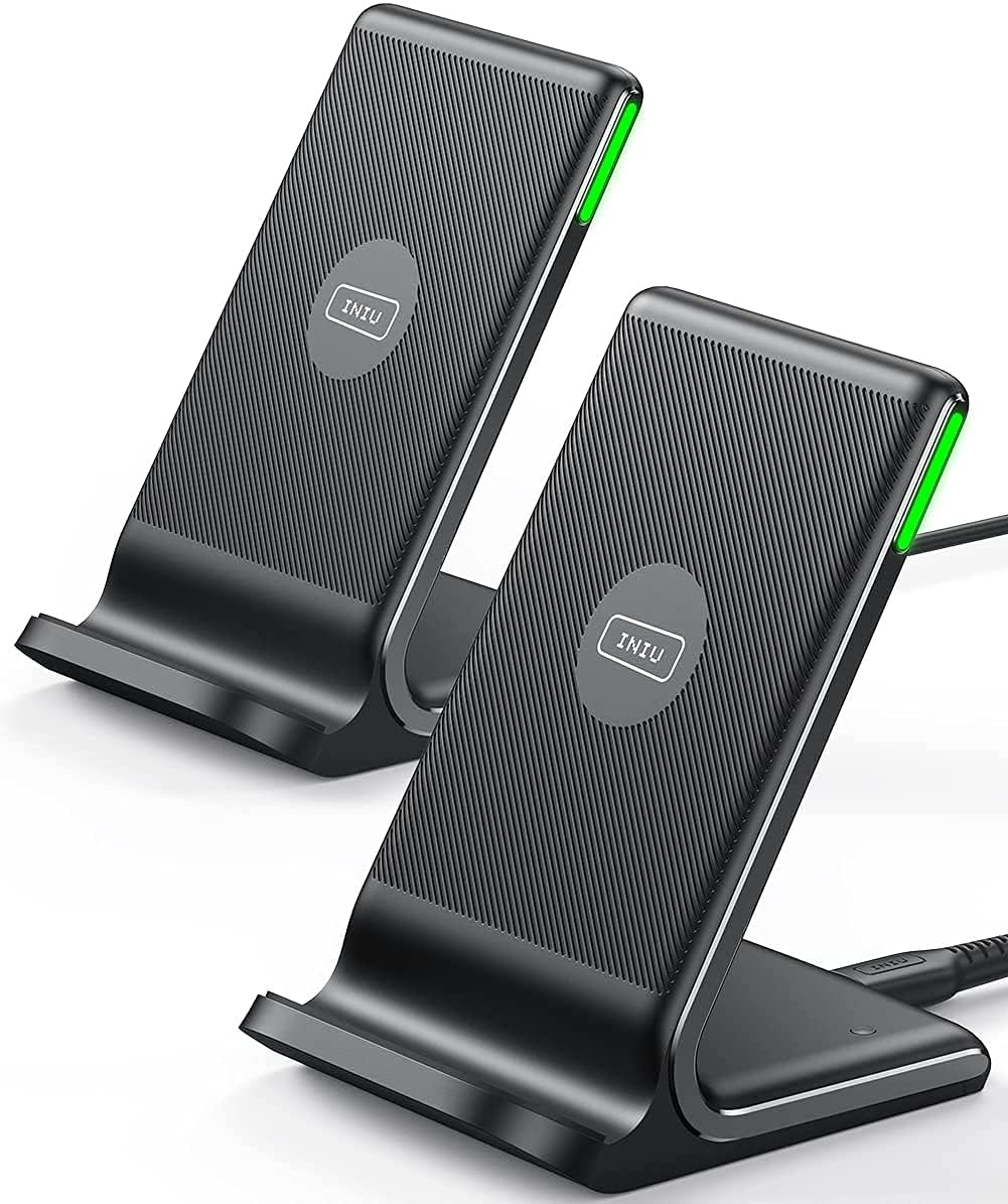 INIU 15W Qi-Certified Fast Wireless Charging Stand [2-Pack] - Sleep-Friendly Adaptive Light, Compatible with iPhone 16/15/14/13/12 Pro Max/Plus & Samsung Galaxy S22/S21/Note 20 - Perfect for Bedside, Office & Car Charging