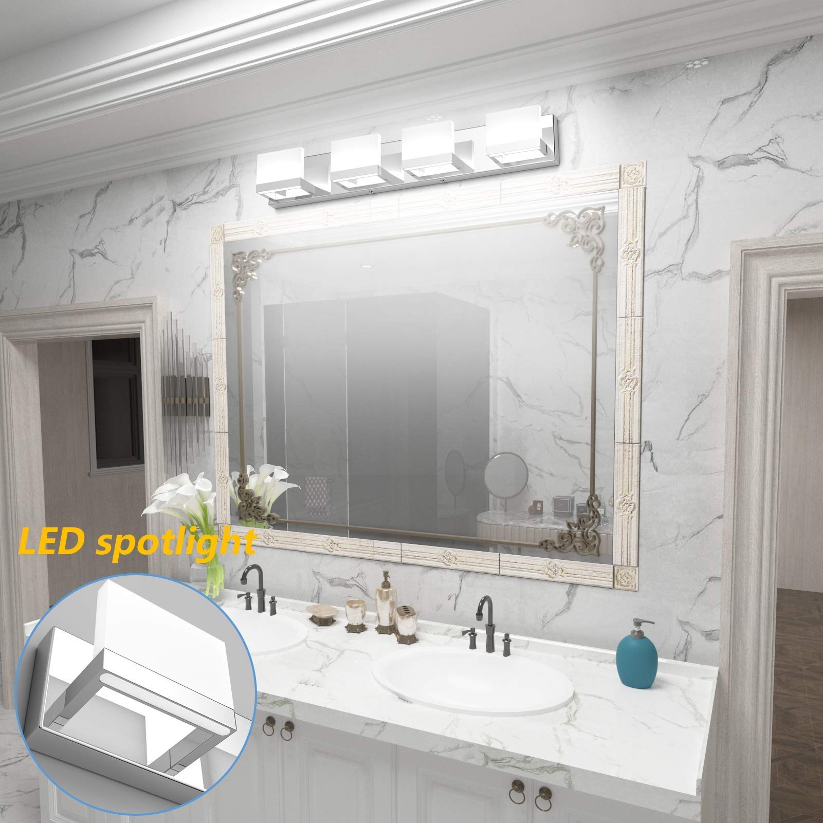Tipace Modern 4-Light LED Vanity Mirror Light Fixture - Chrome/Black Bathroom Wall Sconce with Up & Down Lighting (6000K Cool White) - Perfect for Bathroom Makeup Vanity, Dressing Room & Mirror Illumination