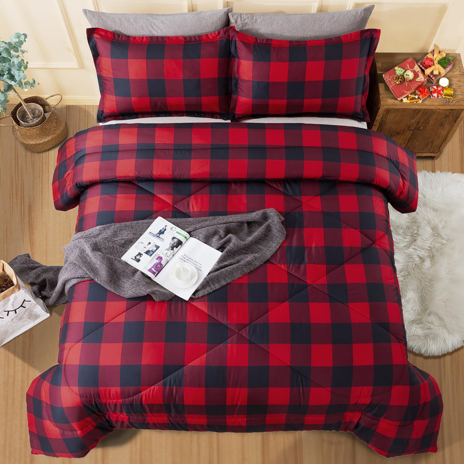Red Burgundy Black Checkered Twin Comforter Set - 66x90 Inch Lightweight Microfiber Plaid Bedding with Pillowcase | Buffalo Check Geometric Grid Design for Cozy Bedroom Decor