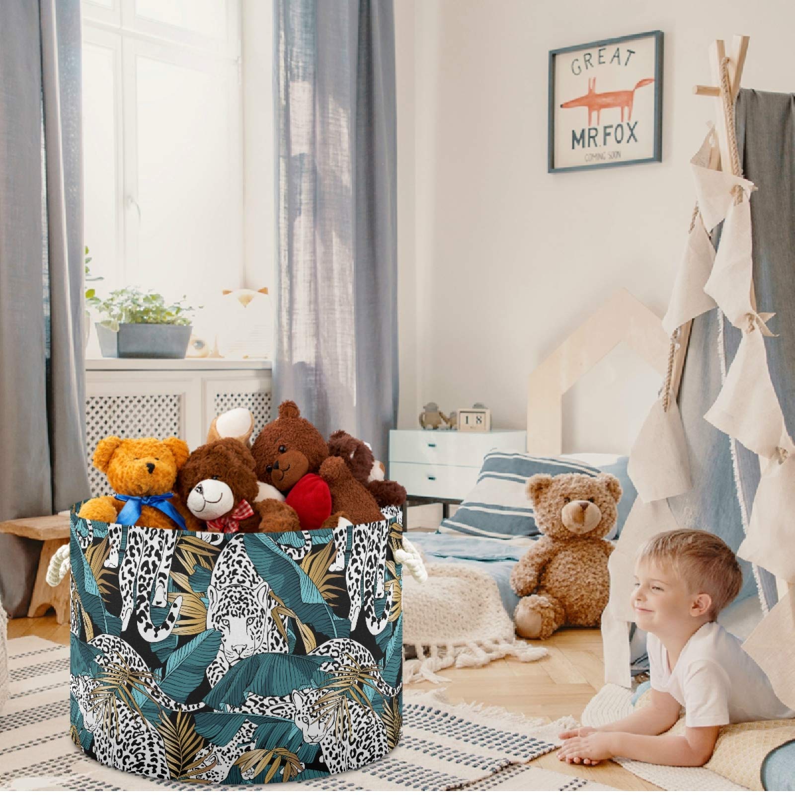 Visesunny Collapsible Large Capacity Storage Basket - Leopard Gold Palm Leaf Design with Durable Cotton Handles | Perfect for Clothes, Toys, Laundry Organization in Bathroom, Bedroom, Nursery & Closet | Space-Saving Home Organizer Solution for Small Spaces