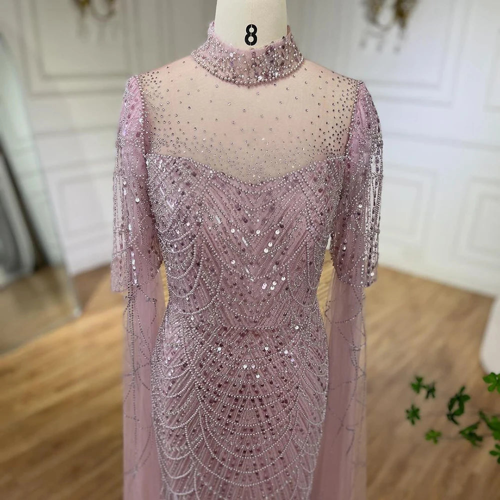 Luxury Dubai Pink Cape Sleeves Mermaid Beaded Arabic Evening Dress for Women - Elegant Long Gown for Wedding, Party & Special Occasions - Serene Hill LA71992A