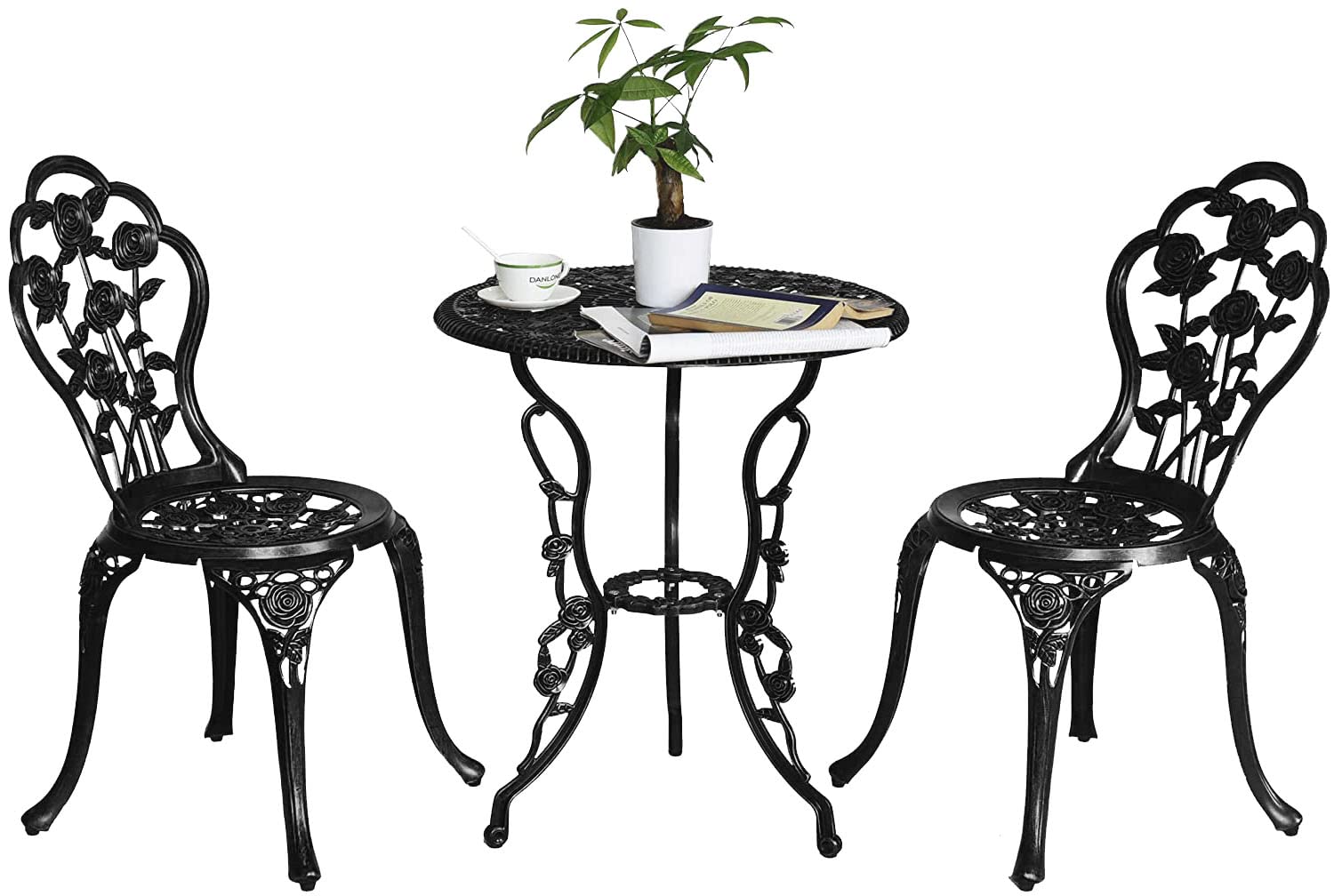 3-Piece Patio Bistro Set with Umbrella Hole - Durable Cast Aluminum Outdoor Table and Chairs for Balcony, Porch, Garden - Dark Brown - Perfect for Small Spaces, Morning Coffee & Outdoor Dining