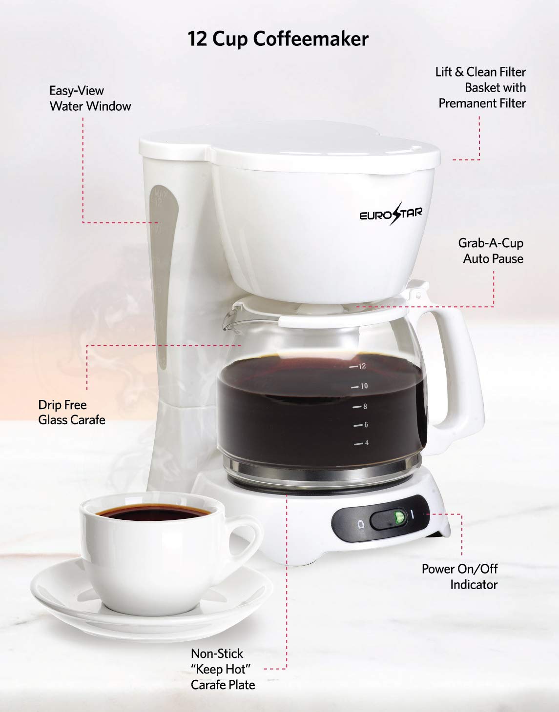 EUROSTAR ECM642W 12-Cup Programmable Coffee Maker with Auto Shut-Off - White - Perfect for Home, Office & Entertaining Guests