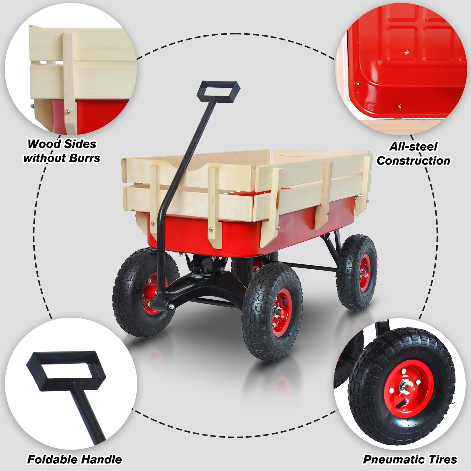 Heavy Duty Steel Outdoor Wagon Cart for Kids with Removable Wooden Side Panels & 10