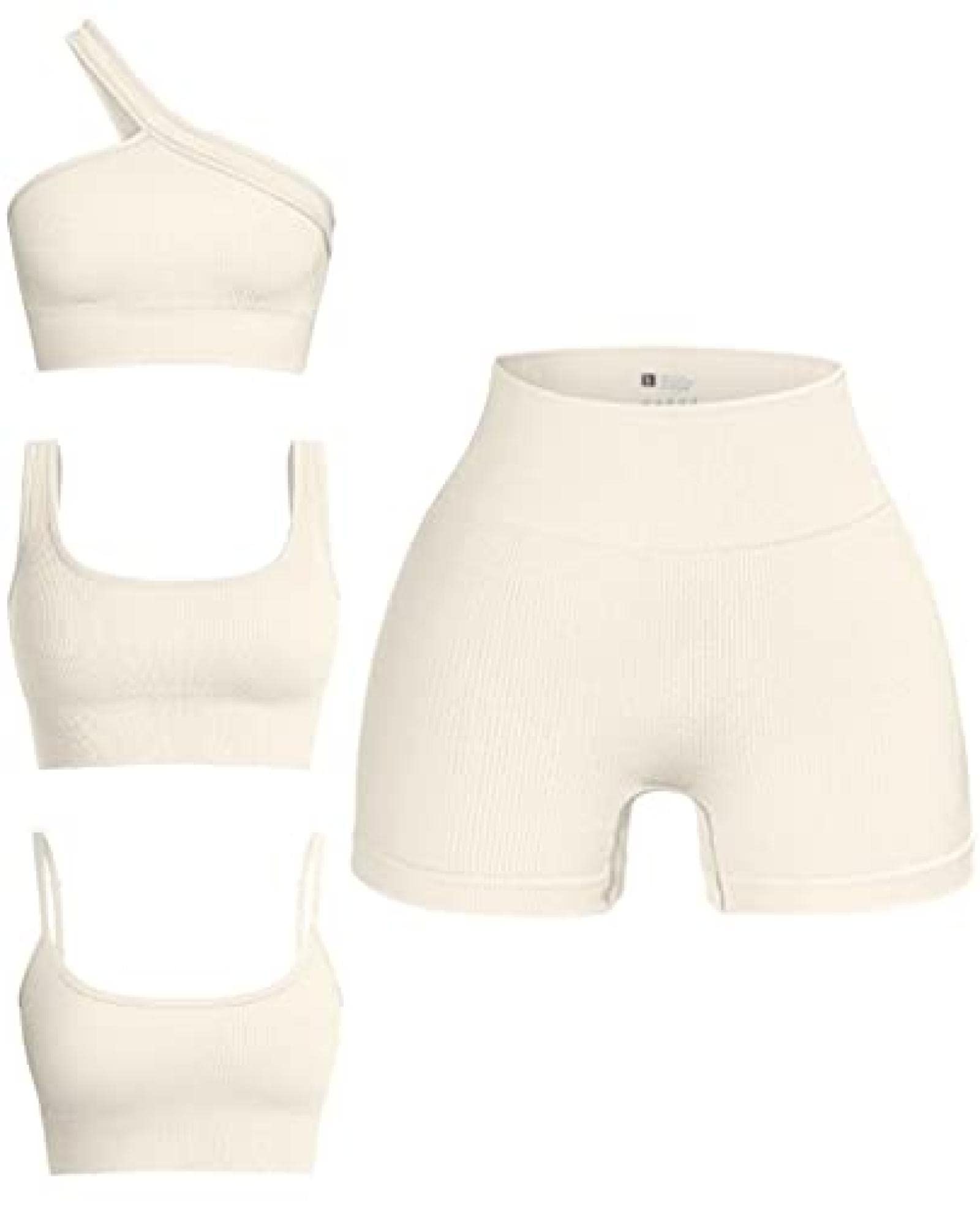 Dervivea OQQ Women's 4-Piece Workout Set - Seamless Ribbed Sports Bra, One Shoulder Top & High Waist Shorts - Medium Beige Activewear for Yoga, Gym & Running