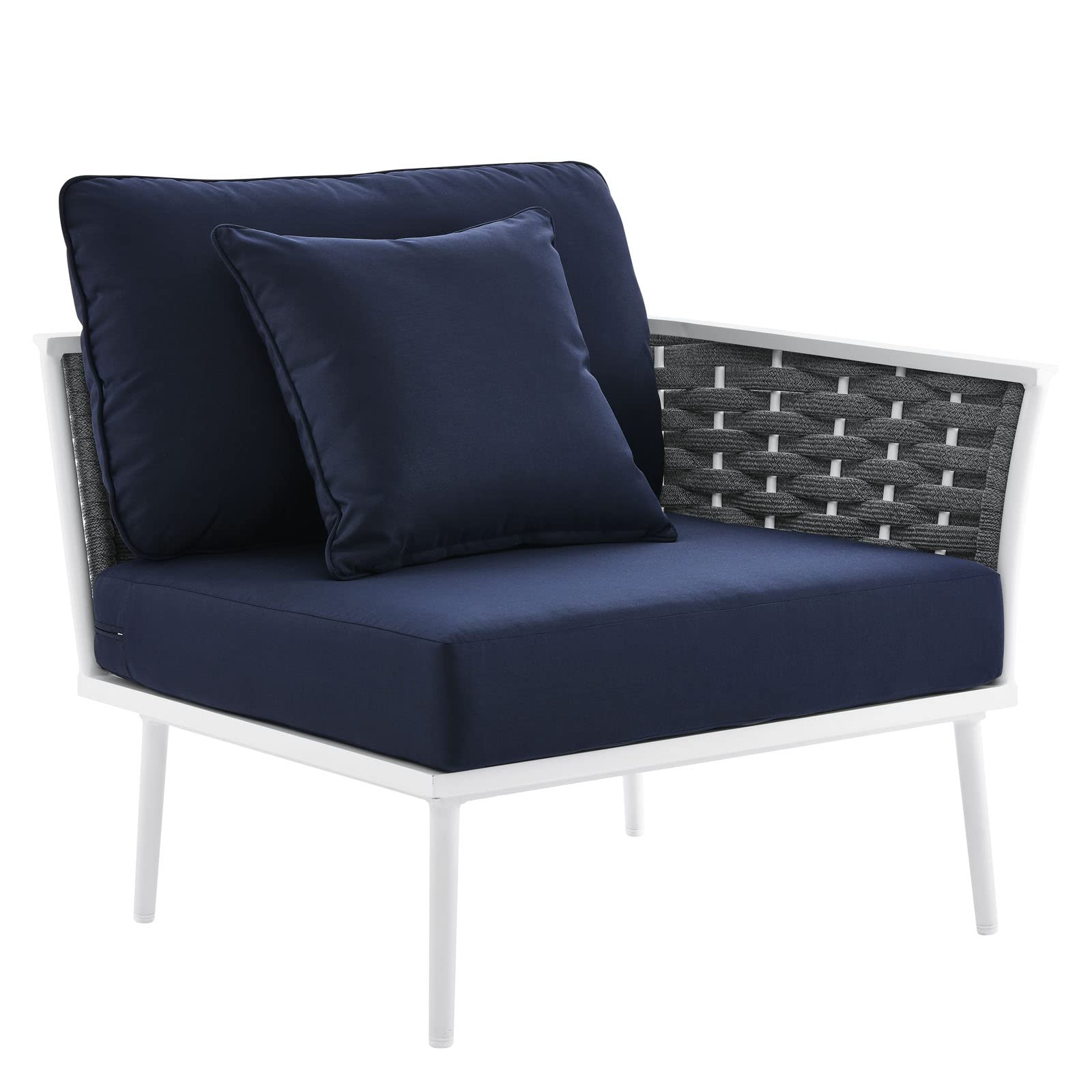 Modway Stance Outdoor Patio Woven Rope Aluminum Sectional Sofa - Small 2-Piece Set in White & Navy Blue | Perfect for Poolside, Garden, Deck & Backyard Relaxation