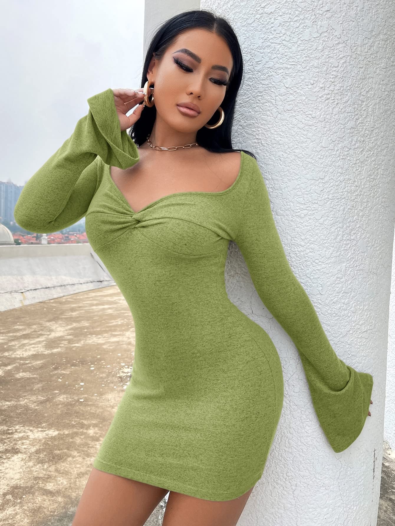 ZARKL Women's Twist Front Flounce Sleeve Bodycon Dress - Lime Green, Size Medium | Sexy Party Cocktail Dress for Night Out, Clubwear, Date Night & Special Occasions