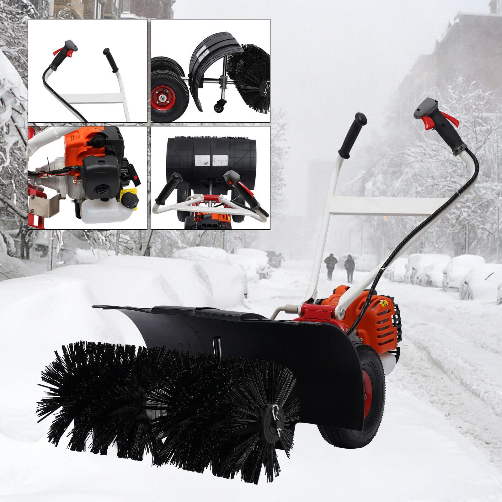 52cc 2 Stroke Gas Powered Handheld Sweeper Broom - Dual Handle Snow Blower & Lawn Cleaner for Driveway, Artificial Grass, Snow Removal - Long Reach Walk Behind Cleaner with Chainsaw Attachment for Easy Yard Maintenance
