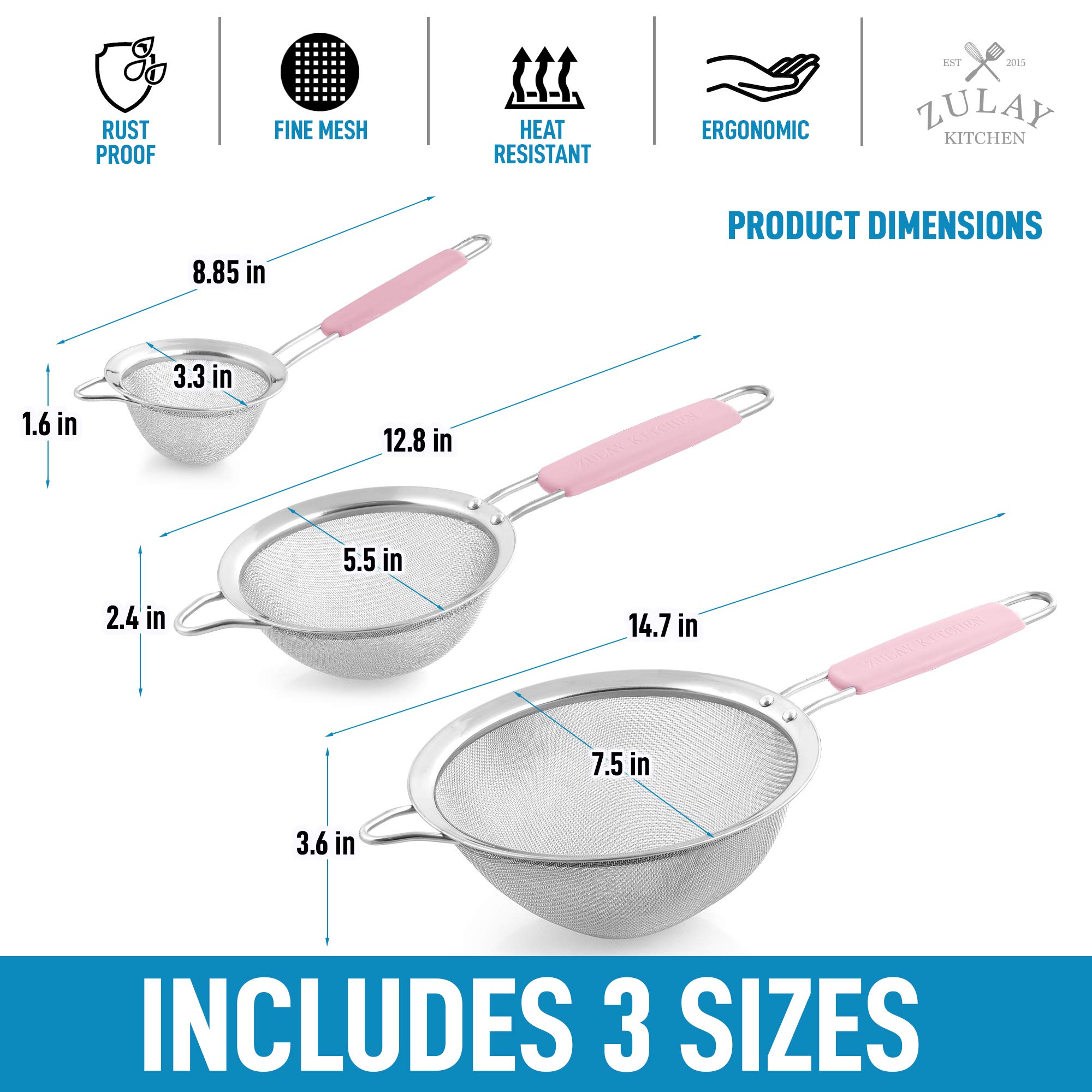 Premium Stainless Steel Strainer Set - 3 Sizes for Kitchen, Non-Slip Handles - Perfect for Baking & Cooking