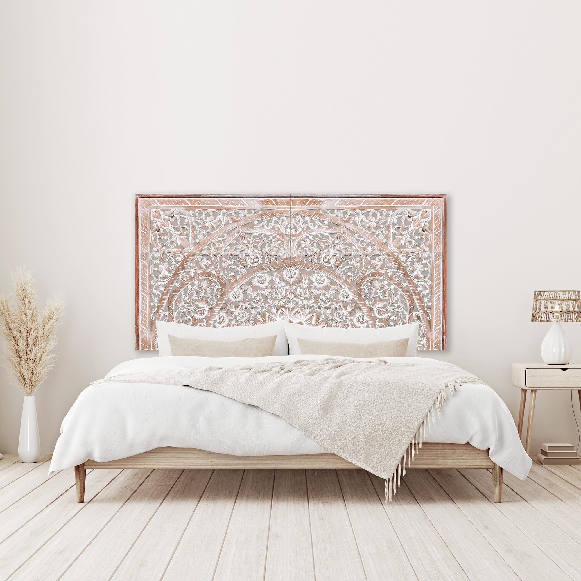 Queen Size White-Wash Wood Headboard - Carved Full Bed Headboard Panel | Wall Mounted Wooden Headboard for Master Bedroom & Guest Room Decor (Queen, Sumber, Antique Finish)
