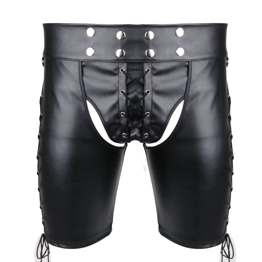 iEFiEL Men's Open Pouch Wet Look Lacing Jockstrap Shorts - Breathable Underpants with Zip Legs for Gym, Workout & Sports Performance Underwear