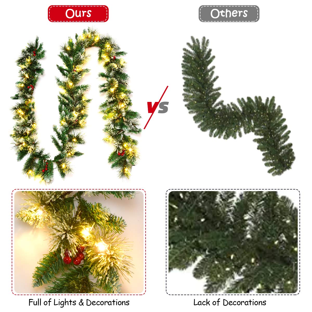 Goplus 9FT Pre-lit Artificial Christmas Garland with 50 LED Lights & Red Berries - Pine Rattan Holiday Decor with Timer for Christmas Tree, Mantel, Staircase, Wedding & Party Decorations