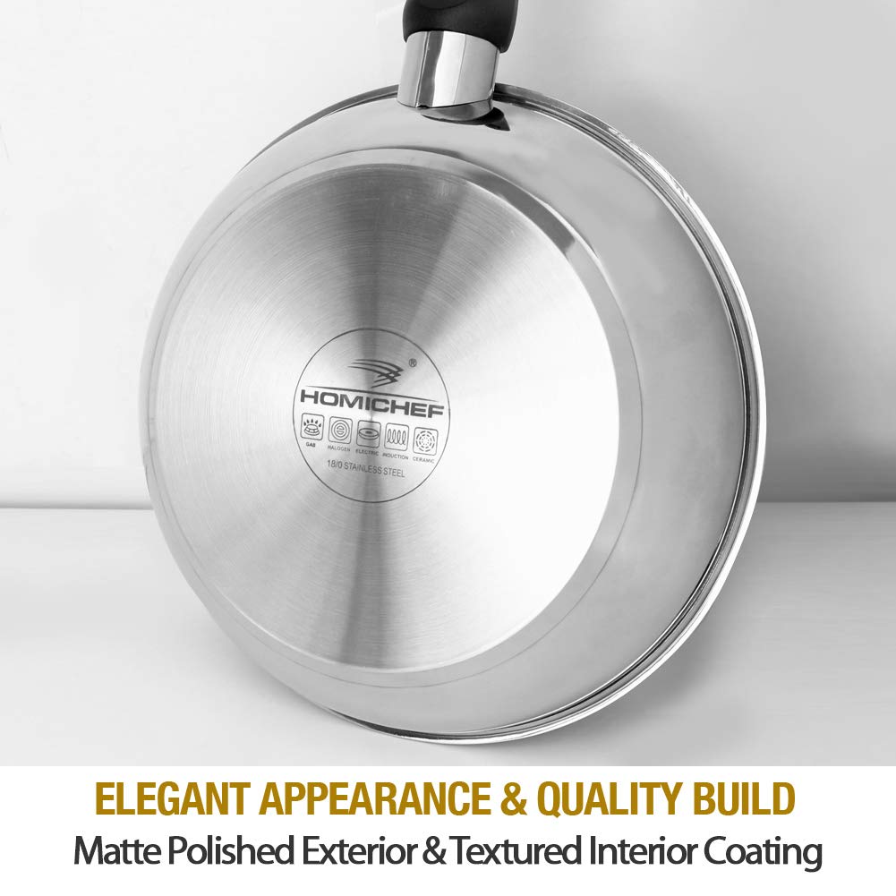 HOMICHEF Nonstick Frying Pan Set - 9.5 & 11 Inch Stainless Steel Skillets with Glass Lids, Induction Compatible, PFOA-Free & Nickel-Free - Perfect for Sautéing, Frying & Cooking Eggs, Pasta & Stir-Fry Dishes