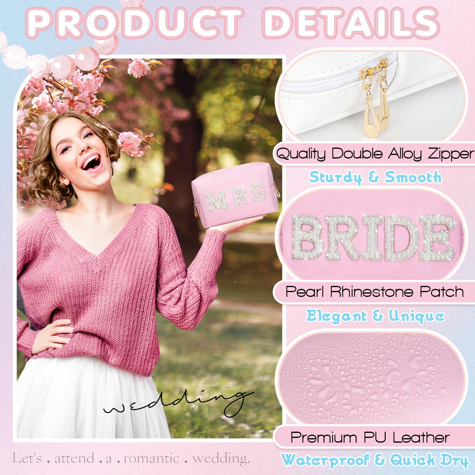 BRIDE Rhinestone Makeup Bag for Women - Waterproof Travel Cosmetic Pouch, Wedding & Bridal Shower Gift, Pearl Embellished Toiletry Bag for Bride & Bridesmaids - Perfect for Engagement Parties & Honeymoon Travel