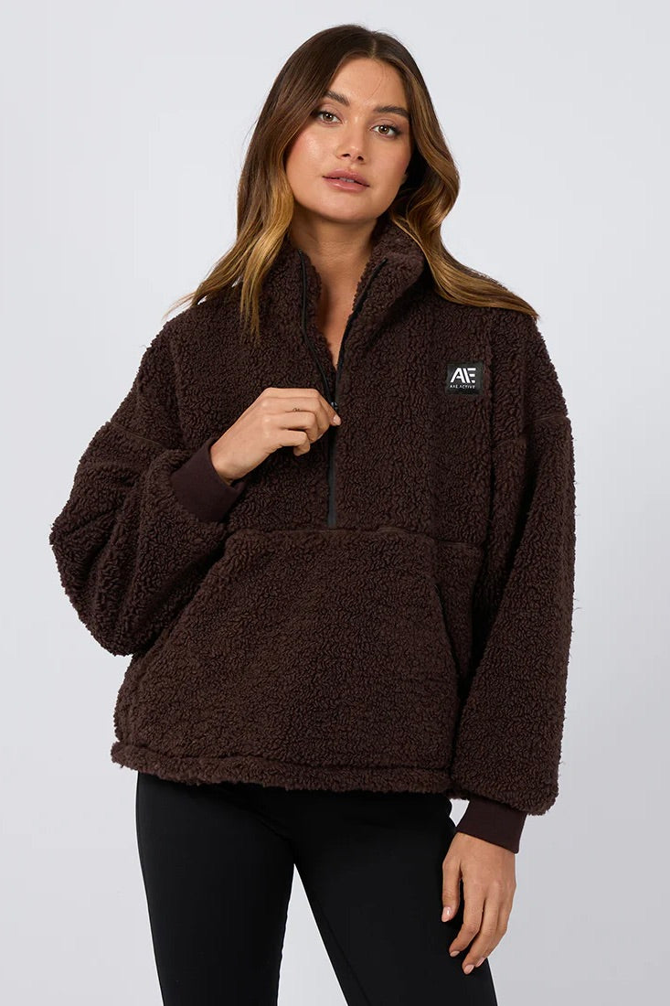 Amara Brown Quarter Zip Teddy Sweatshirt for Women - Soft Fleece Pullover with Kangaroo Pocket - Cozy Winter Casual Wear for Outdoors & Lounge