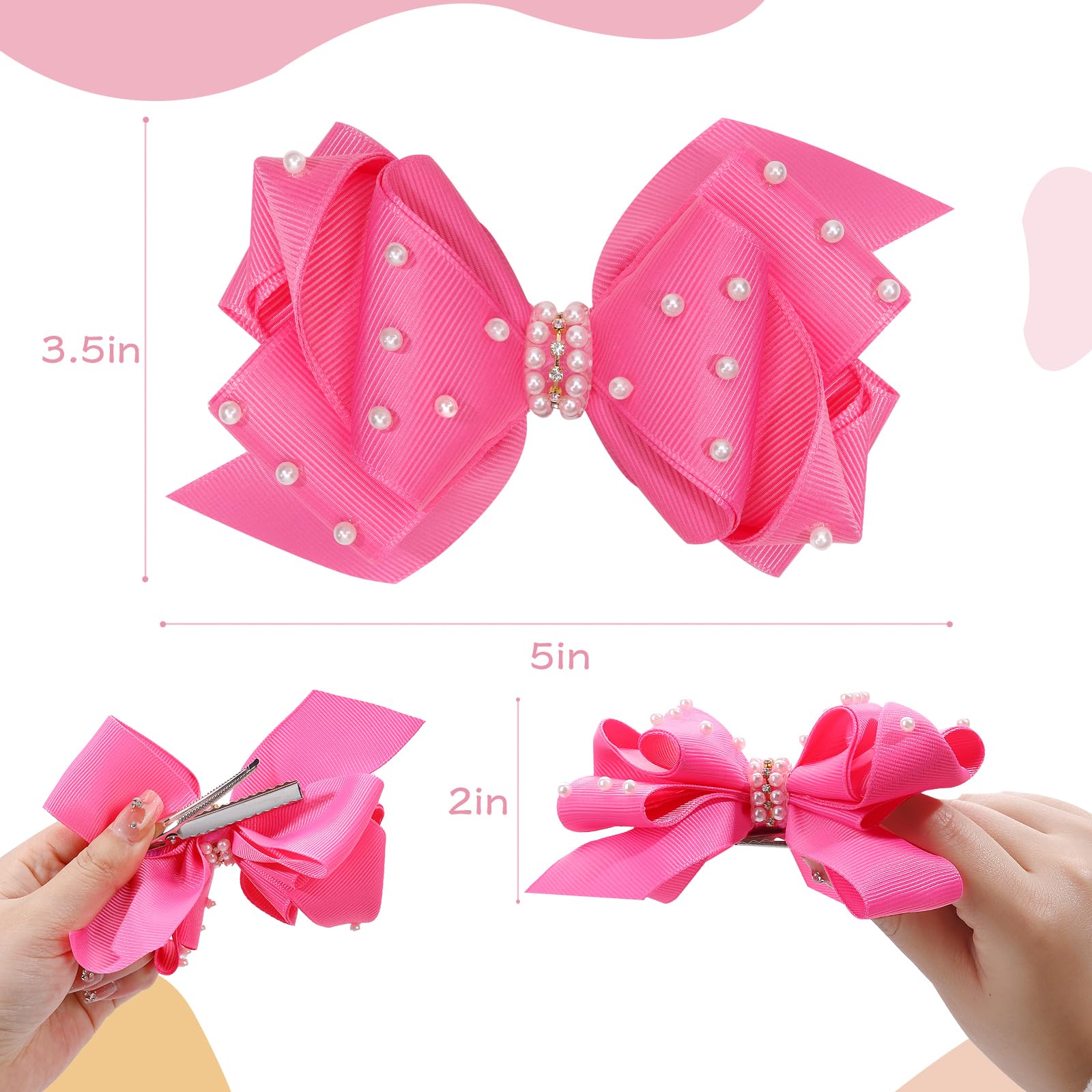 2Pcs Pearl Hair Bows for Girls - 4.5 Inch Grosgrain Ribbon Alligator Clip Hair Accessories for Toddlers, Kids & Baby - Perfect for Birthday Parties, Weddings & Special Occasions (Pink)
