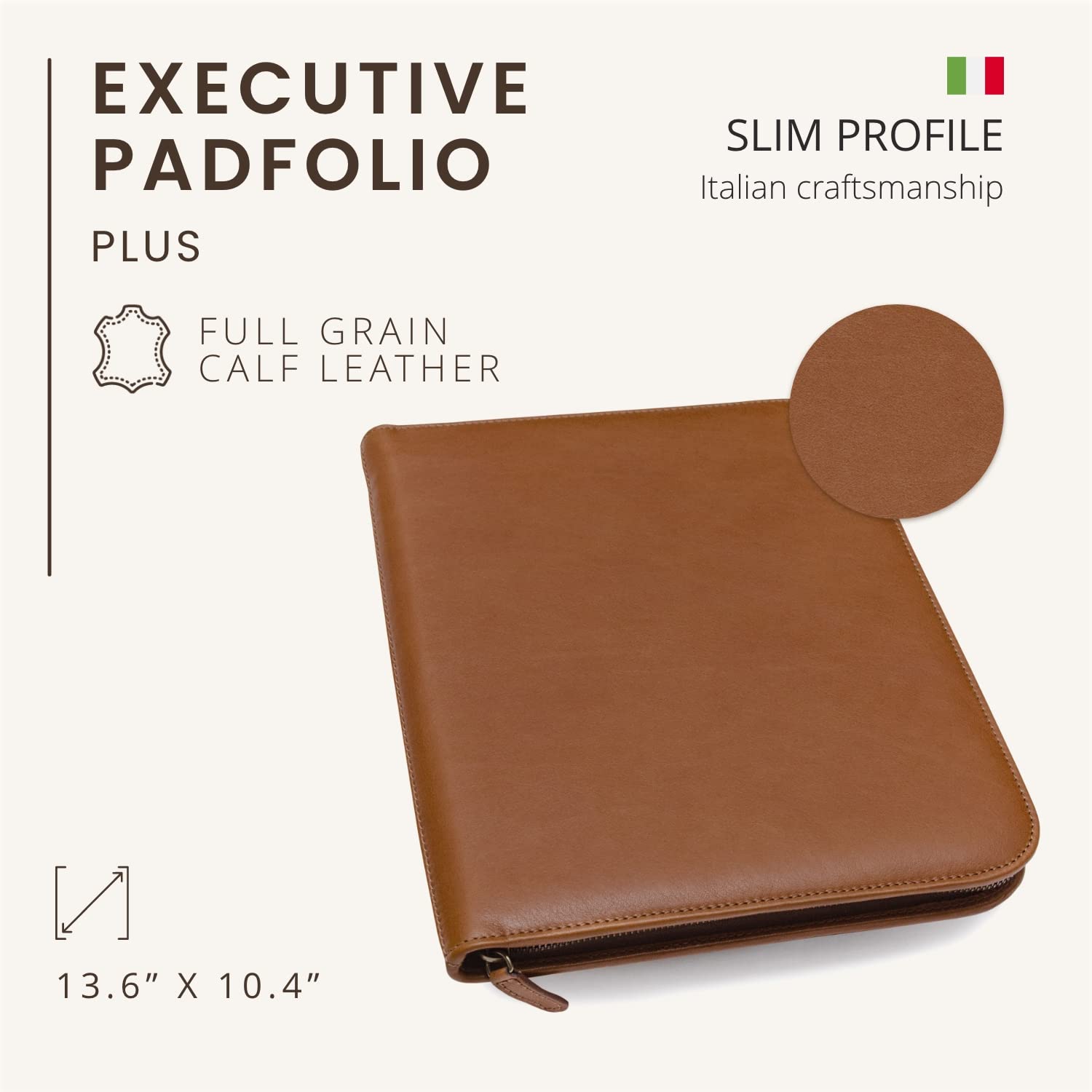 Premium Italian Leather Portfolio Padfolio for Men & Women - Zippered Executive Folio with Document Organizer, Laptop Sleeve & iPad Case - Honey Brown Genuine Leather - Perfect for Business Meetings, Office Work & Travel Accessories