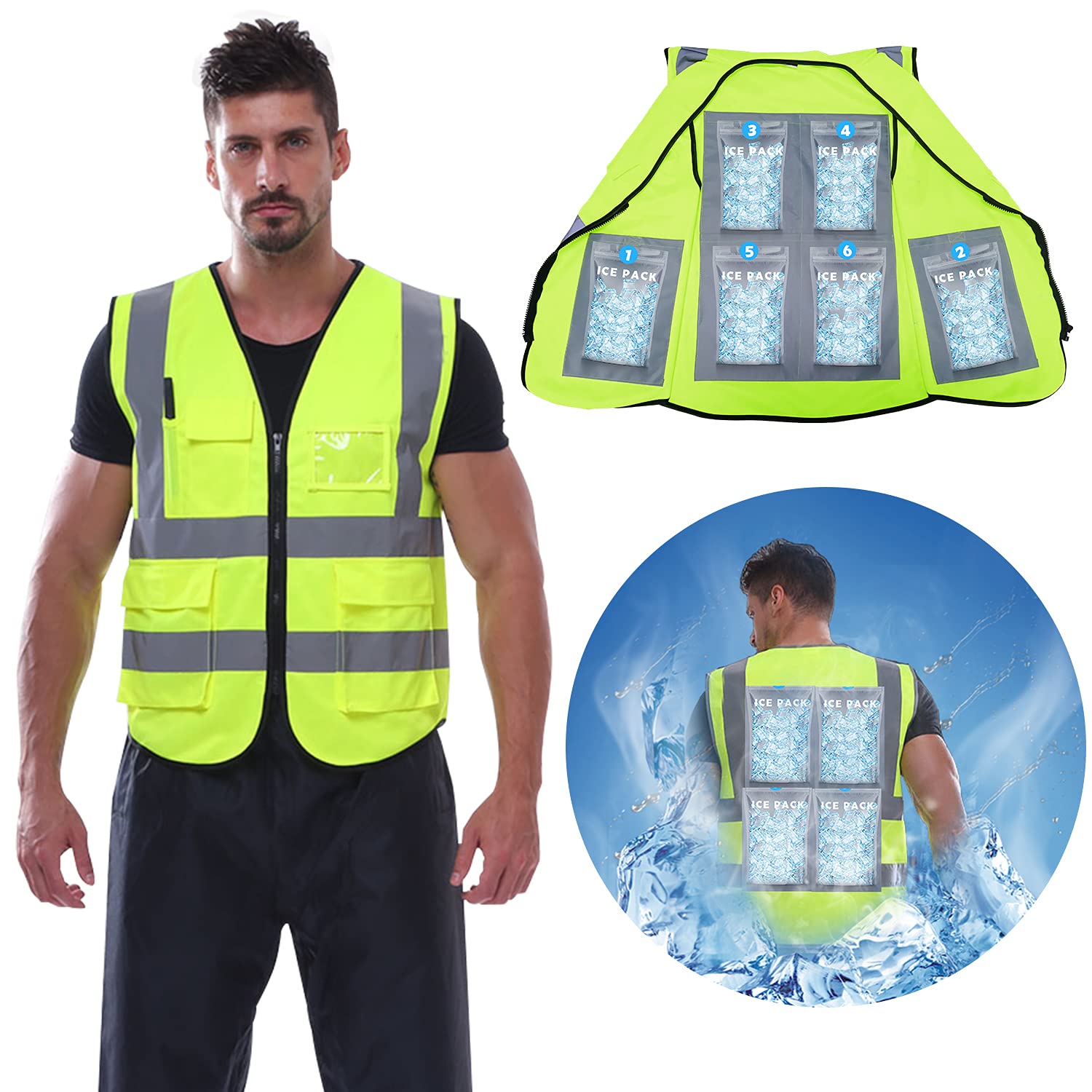 Cooling Safety Vest with 20 Ice Packs - Breathable Heat Relief Vest for Men & Women - Ideal for Construction, Landscaping & Outdoor Work in Hot Weather