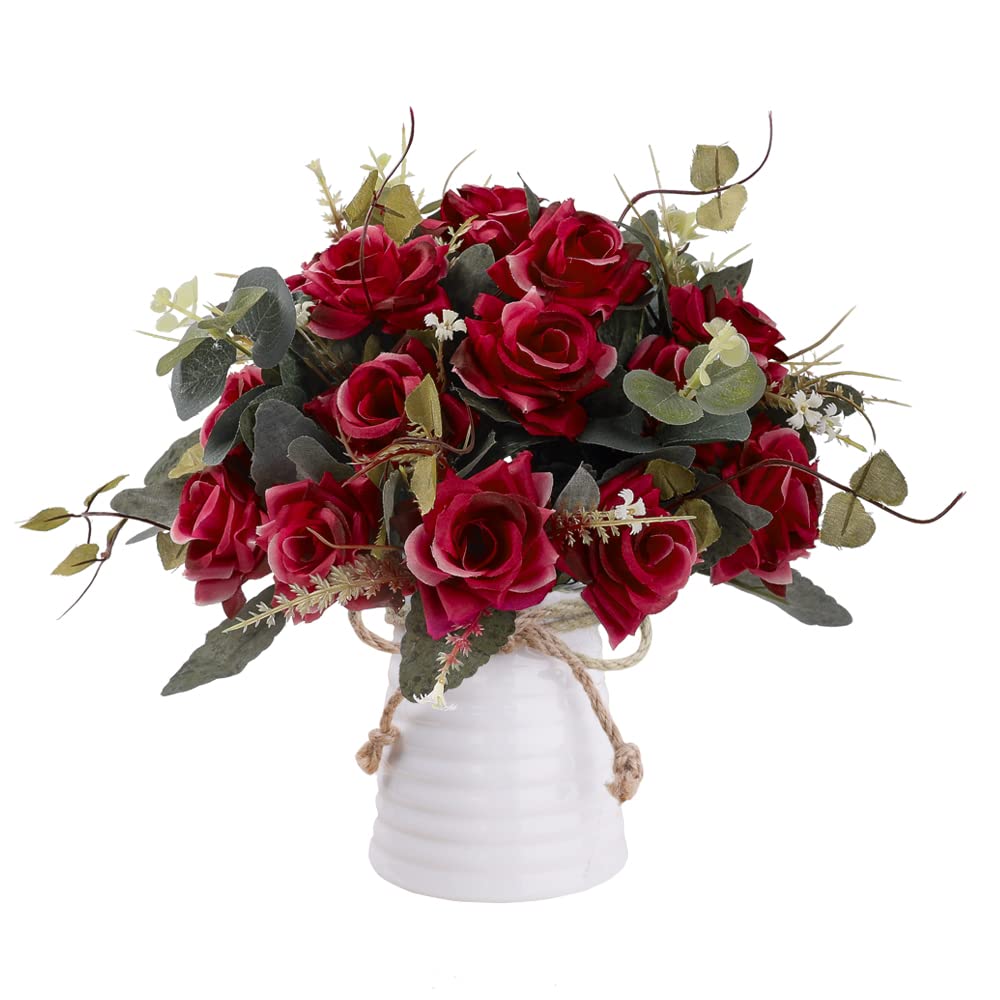 LESING Artificial Silk Rose Flowers in Vase - Realistic Fake Rose Bouquet for Wedding, Home Decor, Table Centerpiece - Elegant Claret Red (1 Pack) | Perfect for Romantic Dinners, Bridal Showers & Living Room Decor