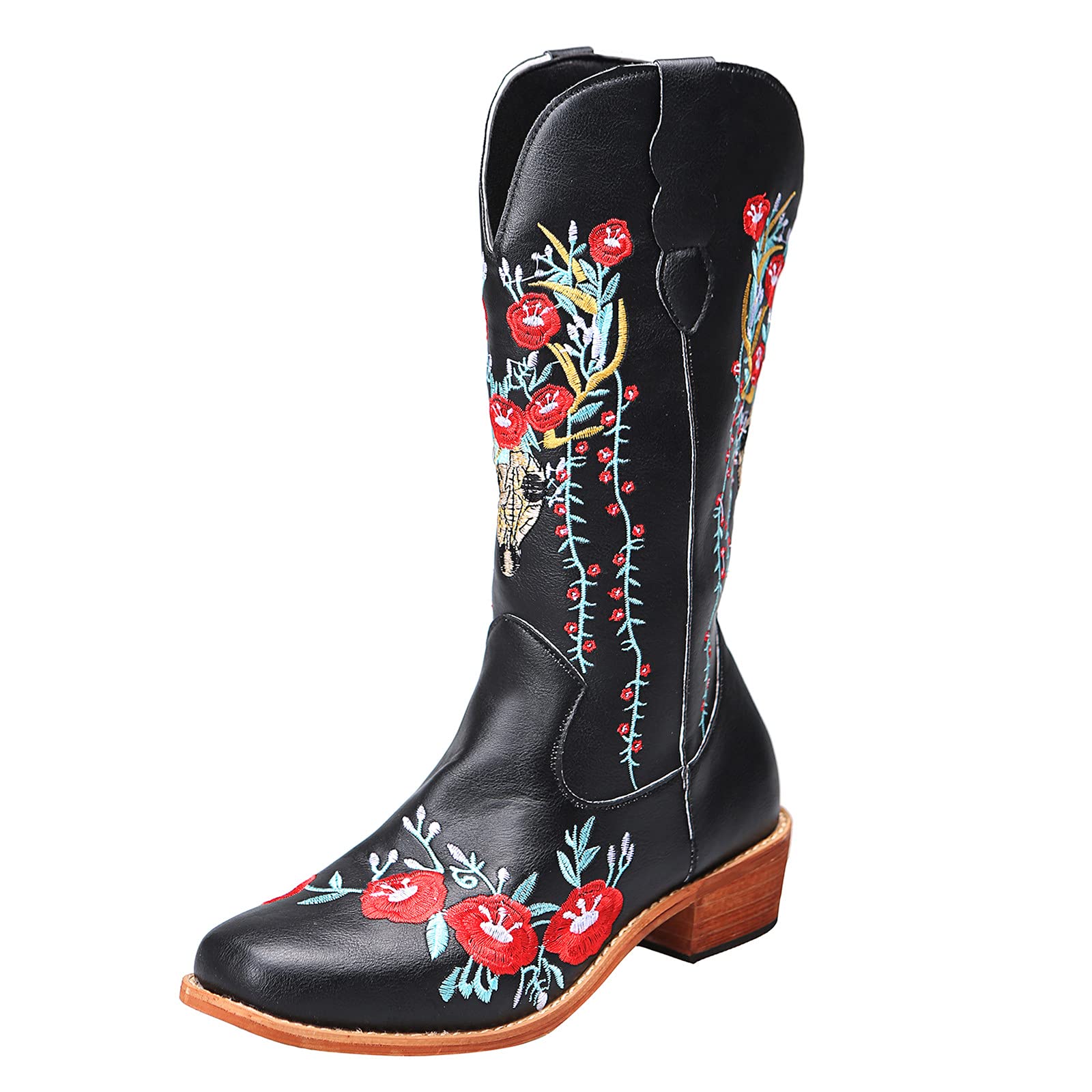 **Western Cowgirl Boots for Women - Vintage Sunflower Embroidered Motorcycle Boots - Size 11W Wide Calf - Perfect for Rodeo, Country Dancing & Biker Fashion**