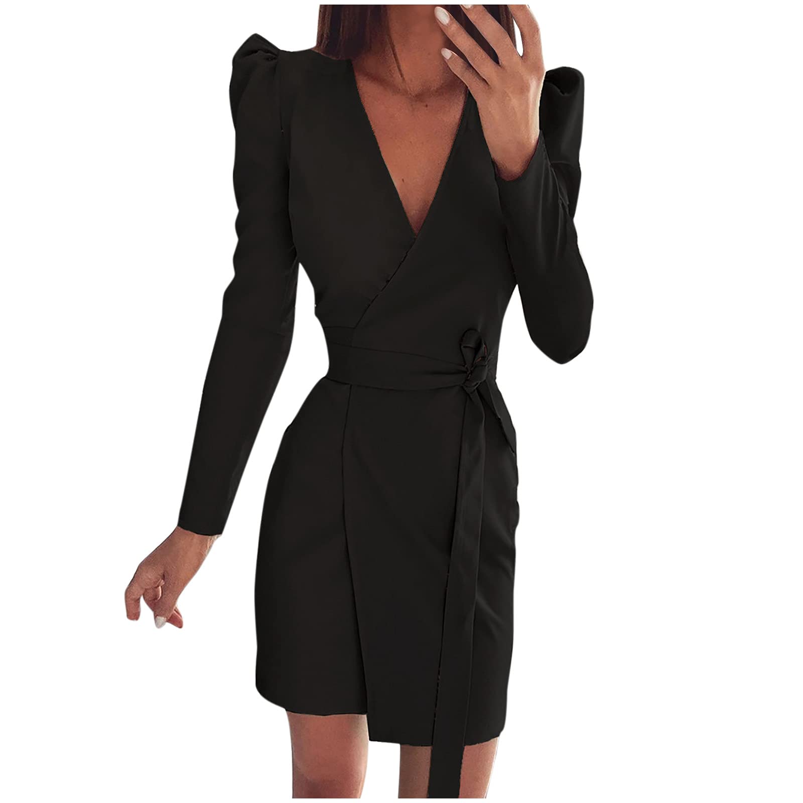 Sexy V-Neck Wrap Mini Dress for Women - Long Sleeve Pencil Work Dress, Elegant Business & Cocktail Party Dress - Perfect for Office, Date Night & Special Occasions