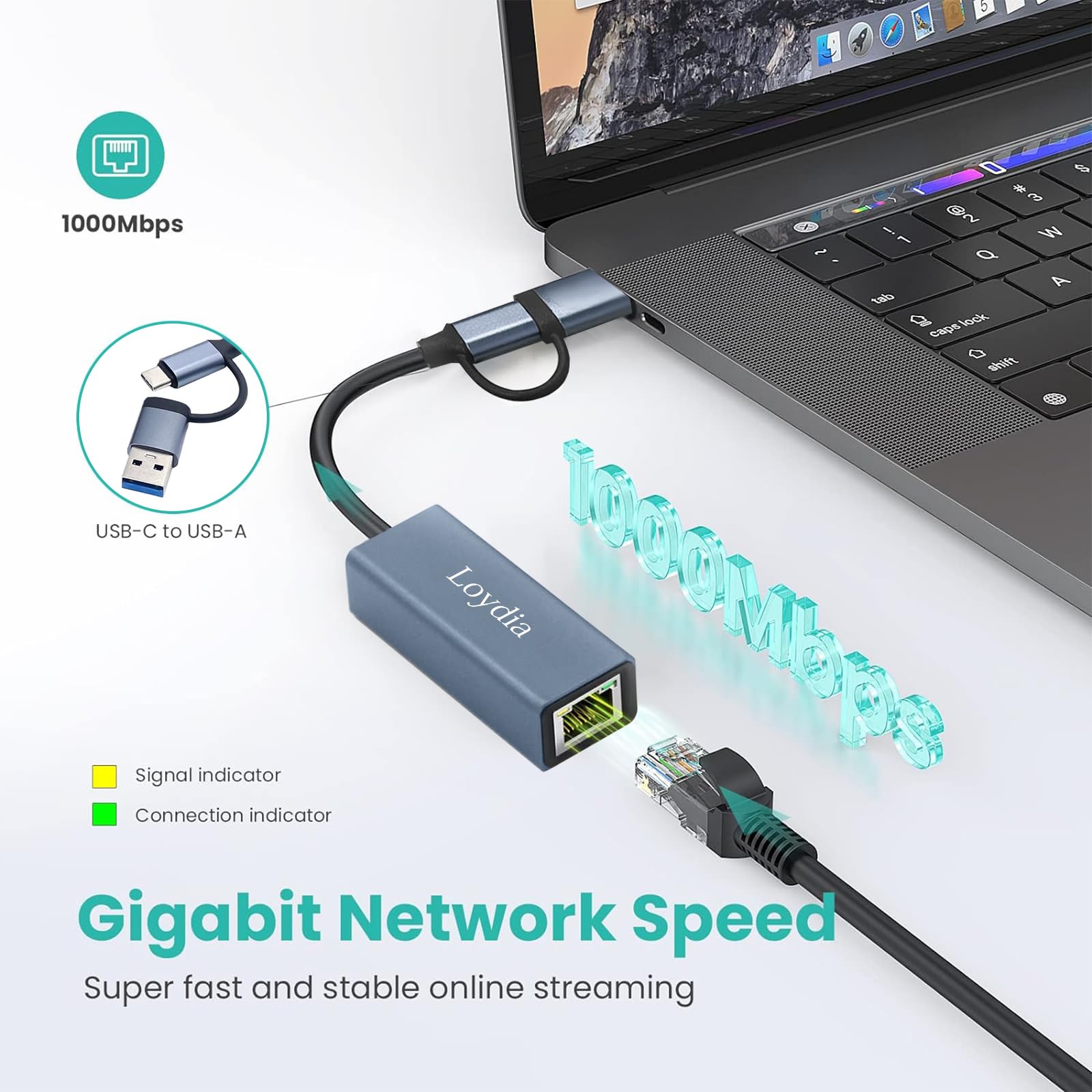 USB C to Ethernet Adapter, USB 3.0 to RJ45 Gigabit LAN Network Adapter (1000Mbps) for MacBook Pro/Air 2017-2023, iPhone 15 Pro/Pro Max, iPad Pro - Fast Wired Internet Connection for Gaming, Streaming & Home Office