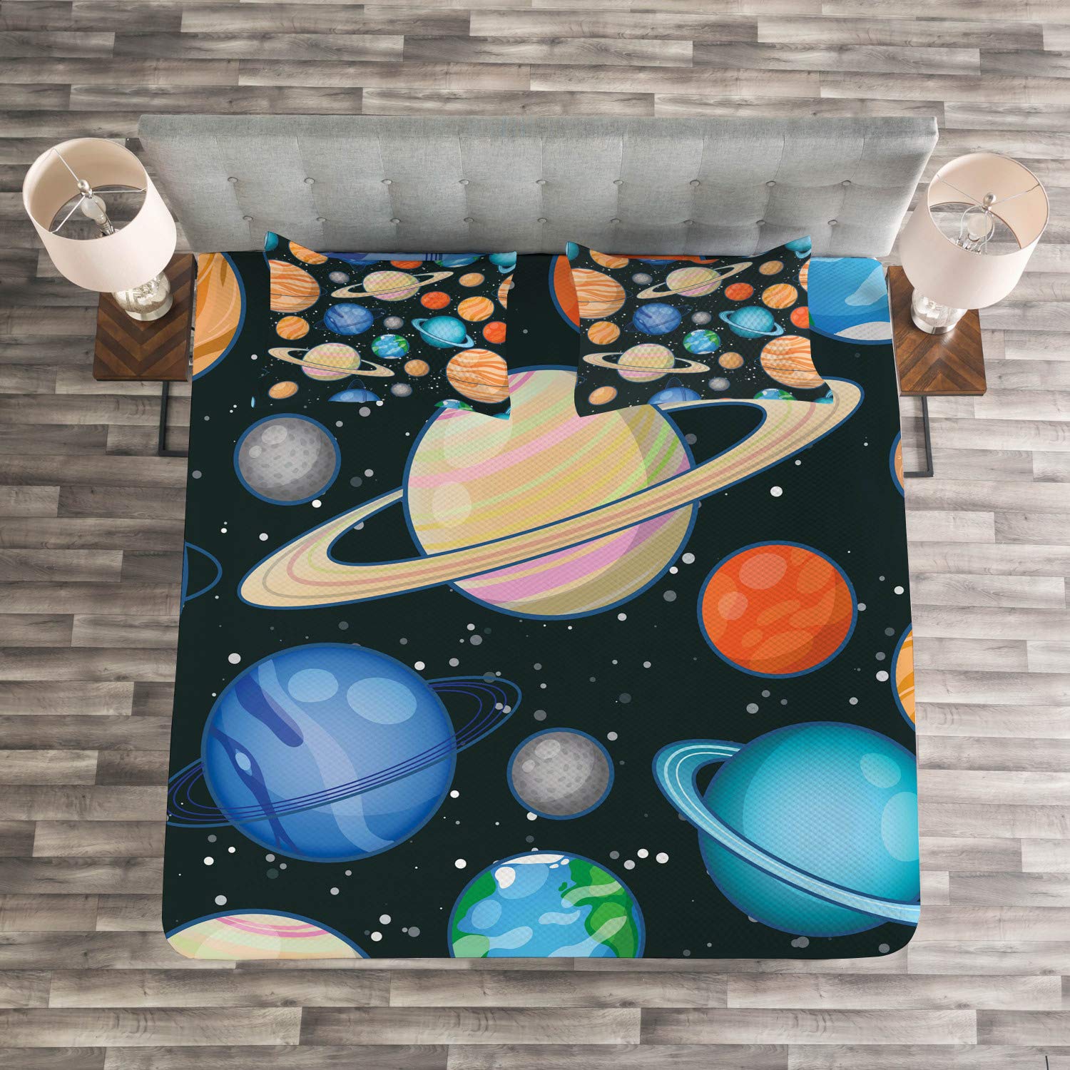 Ambesonne Galaxy Bedspread Set - King Size 3-Piece Space Themed Bedding with Solar System Planets Print (Comforter + 2 Pillow Shams) | Perfect for Astronomy Lovers, Sci-Fi Decor & Cosmic Themed Bedrooms