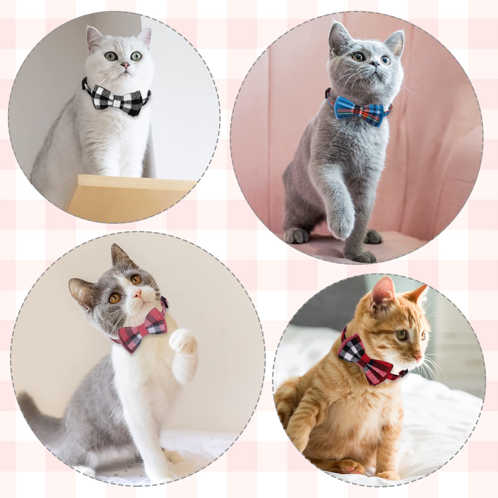 Giantree 4Pcs Adjustable Breakaway Cat Collars with Bow Tie & Bell - Cute Plaid Design 7-12 Inch for Kittens, Cats & Small Dogs - Perfect for Pet Parties, Photo Shoots & Daily Fashion Accessories