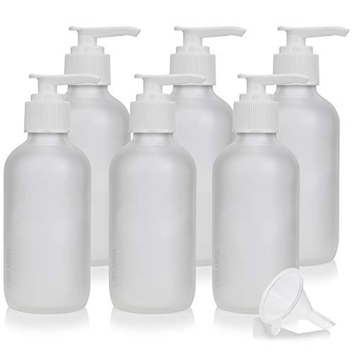 4 oz Frosted Clear Glass Boston Round Bottle with White Lotion Pump (6 Pack) + Funnel - Perfect for DIY Beauty, Essential Oils, and Hand Sanitizer Dispensers - Ideal for Home, Salon, and Spa Use