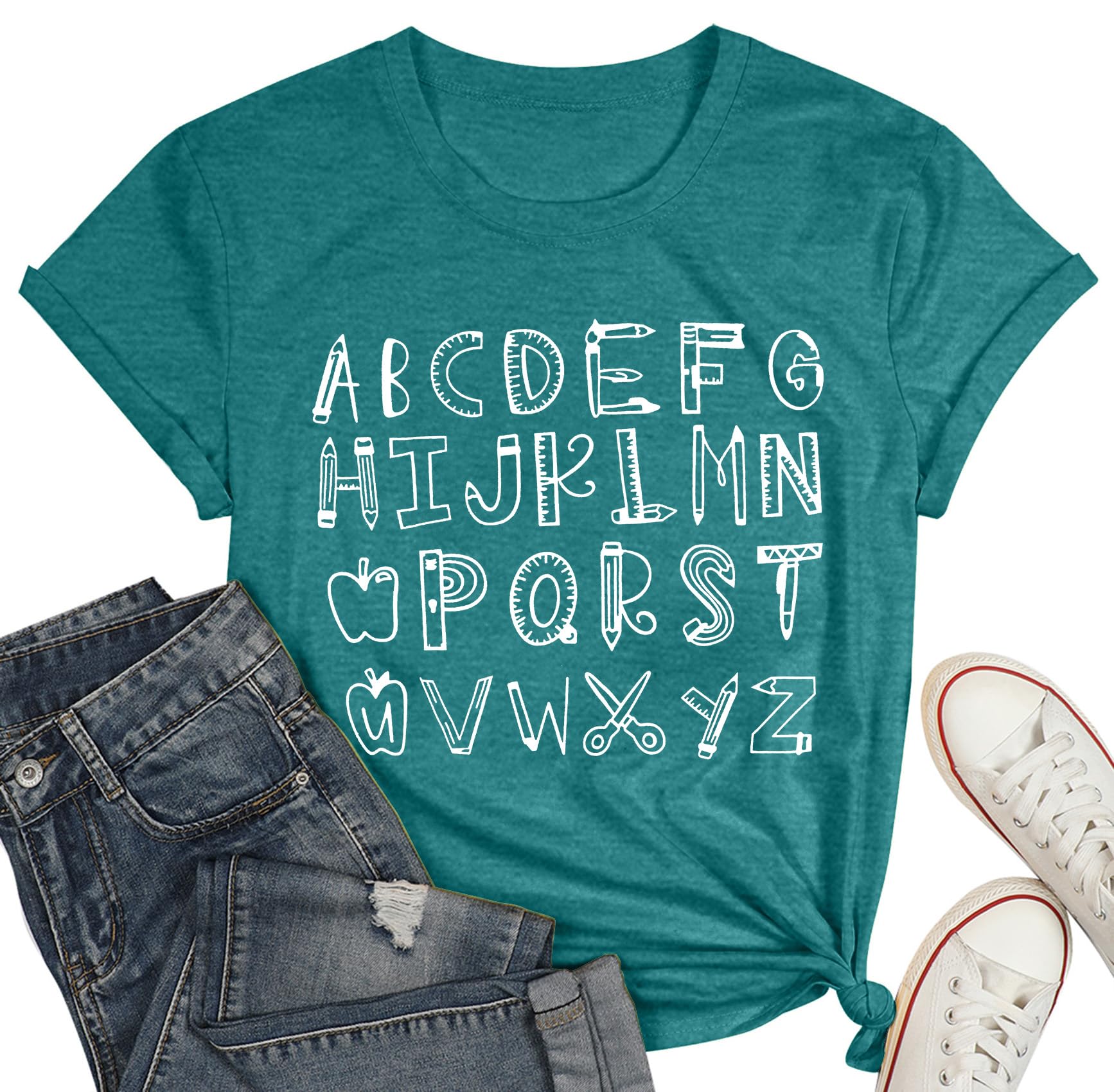 Plus Size Women's Teacher T-Shirt - ABC Alphabet Graphic Tee for Educators - Comfortable Casual Teaching Top - Perfect Teacher Appreciation Gift for School, Classroom & Work