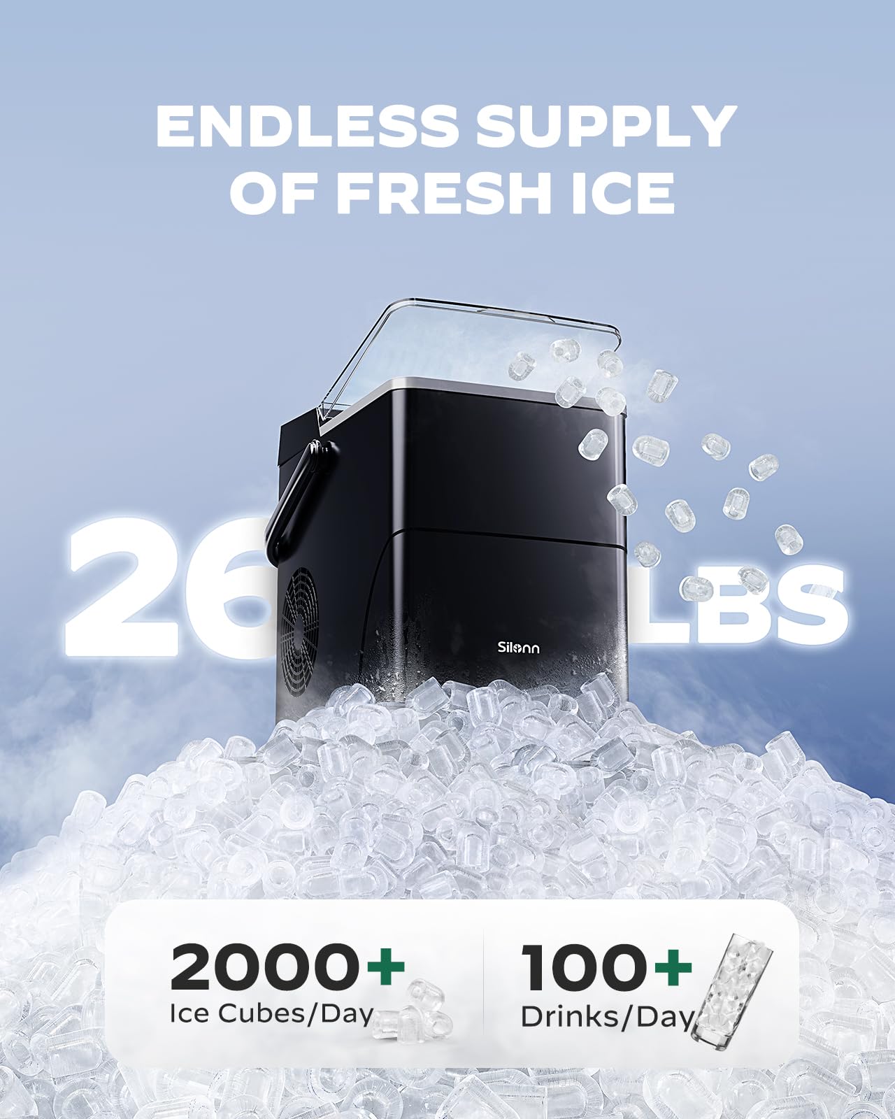Silonn Countertop Ice Maker - 9 Cubes in 6 Minutes, 2.5L Expandable Ice Basket, Self-Cleaning with LED Touch Control, 2 Ice Size Options - Perfect for Home, Kitchen, Office, RV & Outdoor Entertaining
