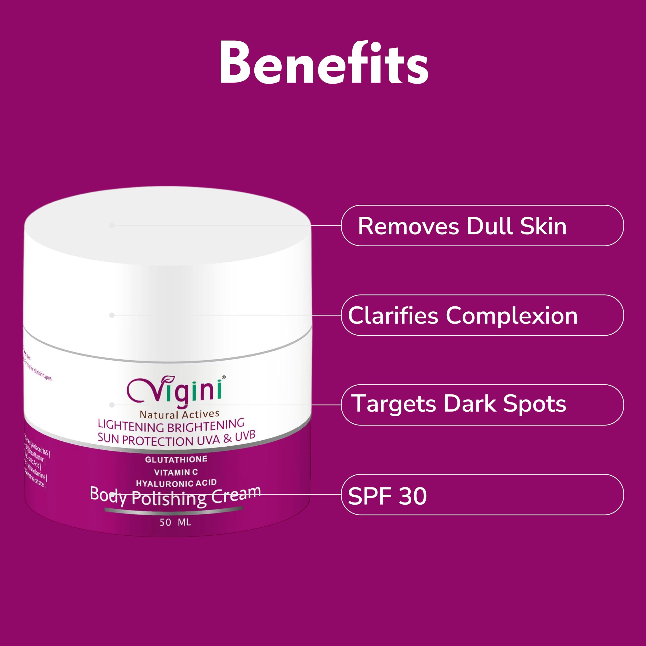 Vigini Vitamin C & Kojic Acid Brightening Body Cream - Dark Spot Corrector for Pigmentation, Uneven Skin Tone & Underarm Whitening - Glowing Moisturizer for Men & Women (50ml) - Perfect for Daily Skincare & Tan Removal