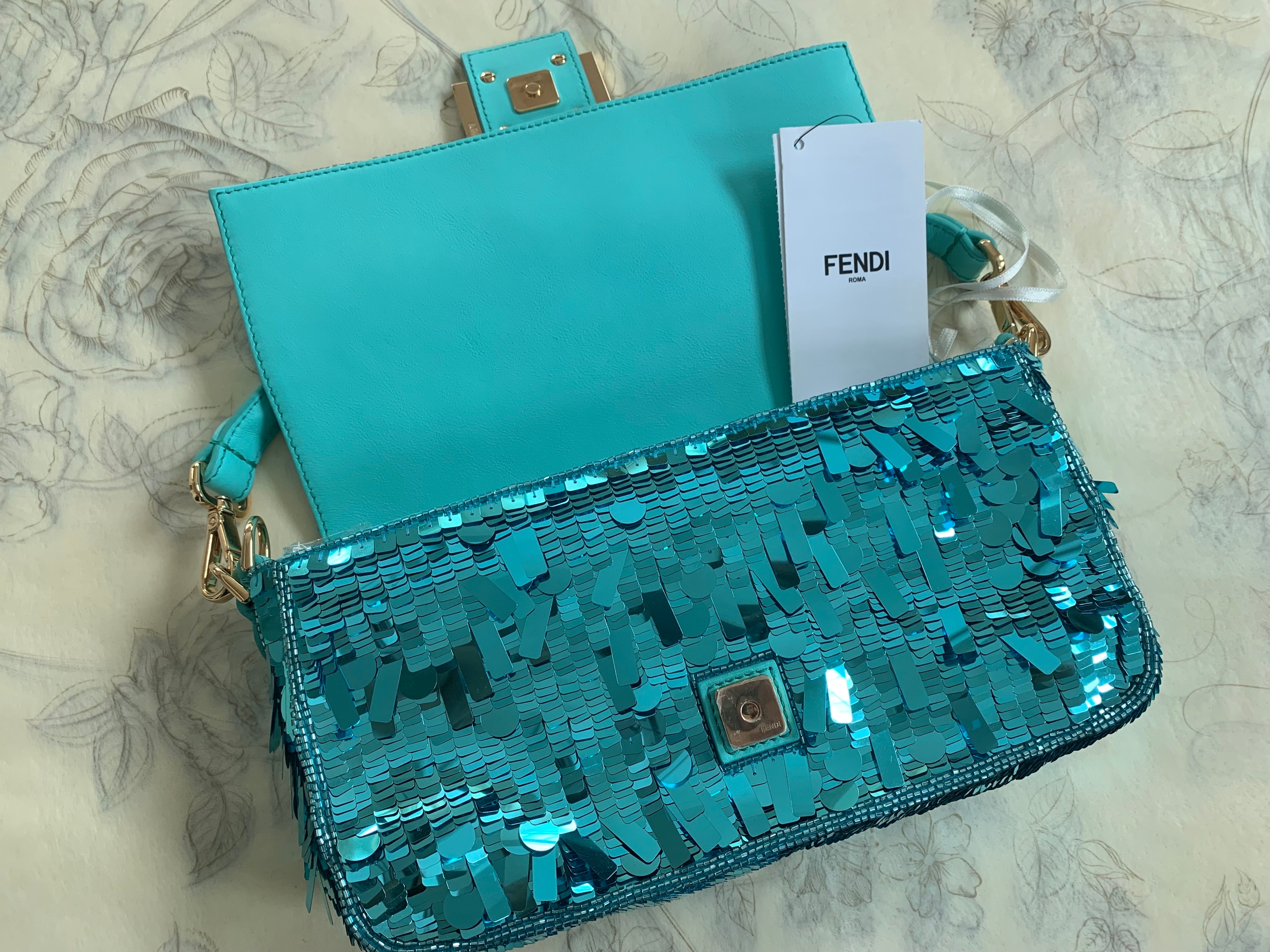 Fendi Turquoise Sequin Baguette Bag - Luxury Designer Handbag for Women | Perfect for Parties, Weddings & Evening Events