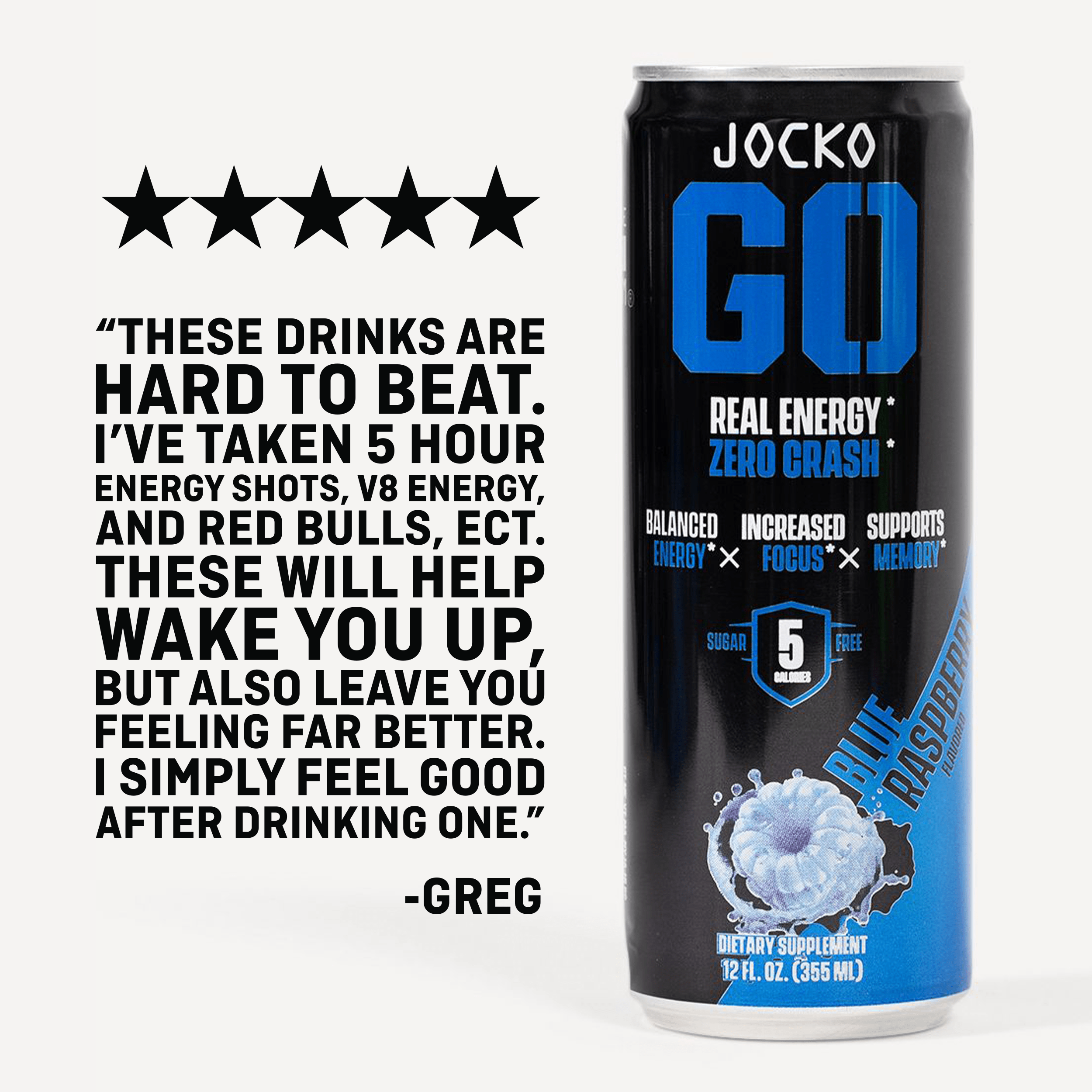 JOCKO GO Energy Drink - 12 Pack | Sugar-Free Pre Workout & Post Workout Supplement | Boost Energy & Focus for Gym, Running & Fitness