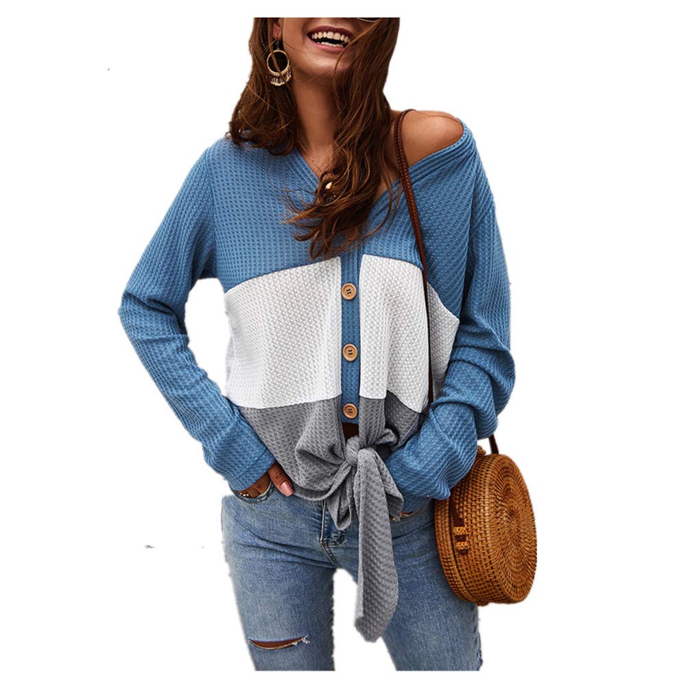 WOCACHI Women's Button Tie Knot Waffle Knit Patchwork Long Sleeve V-Neck Tunic Sweater Pullover - Cozy Casual Winter Top for Work, Date Night & Fall Layering