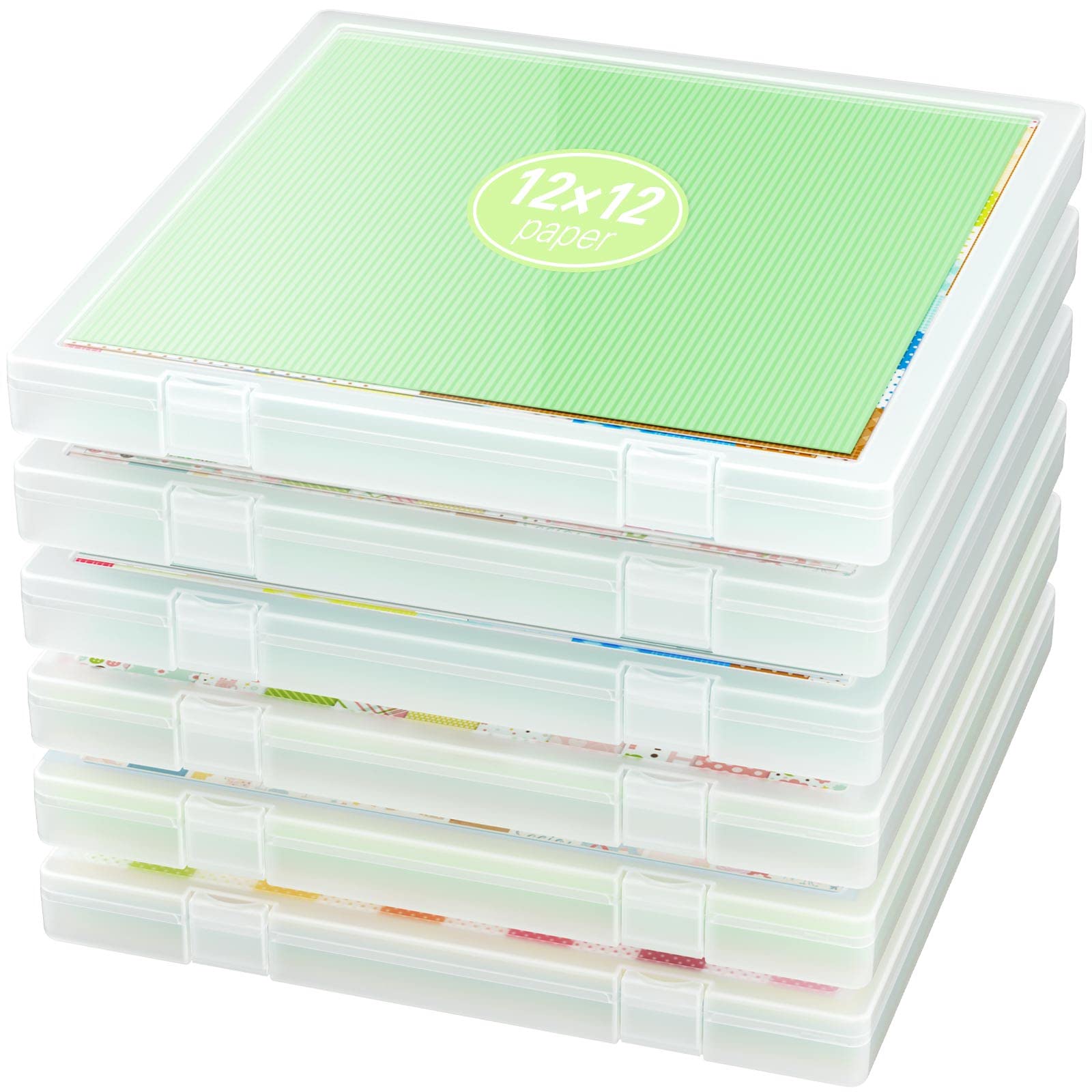 iBune 6 Pack 12x12 Scrapbook Paper Storage Box - Plastic Craft Organizer for Scrapbooking, Art Supplies & Puzzles - 12.2 x 12.2 x 0.85 Inch Inner Size - Perfect for Craft Rooms, Scrapbooking Projects & Home Organization